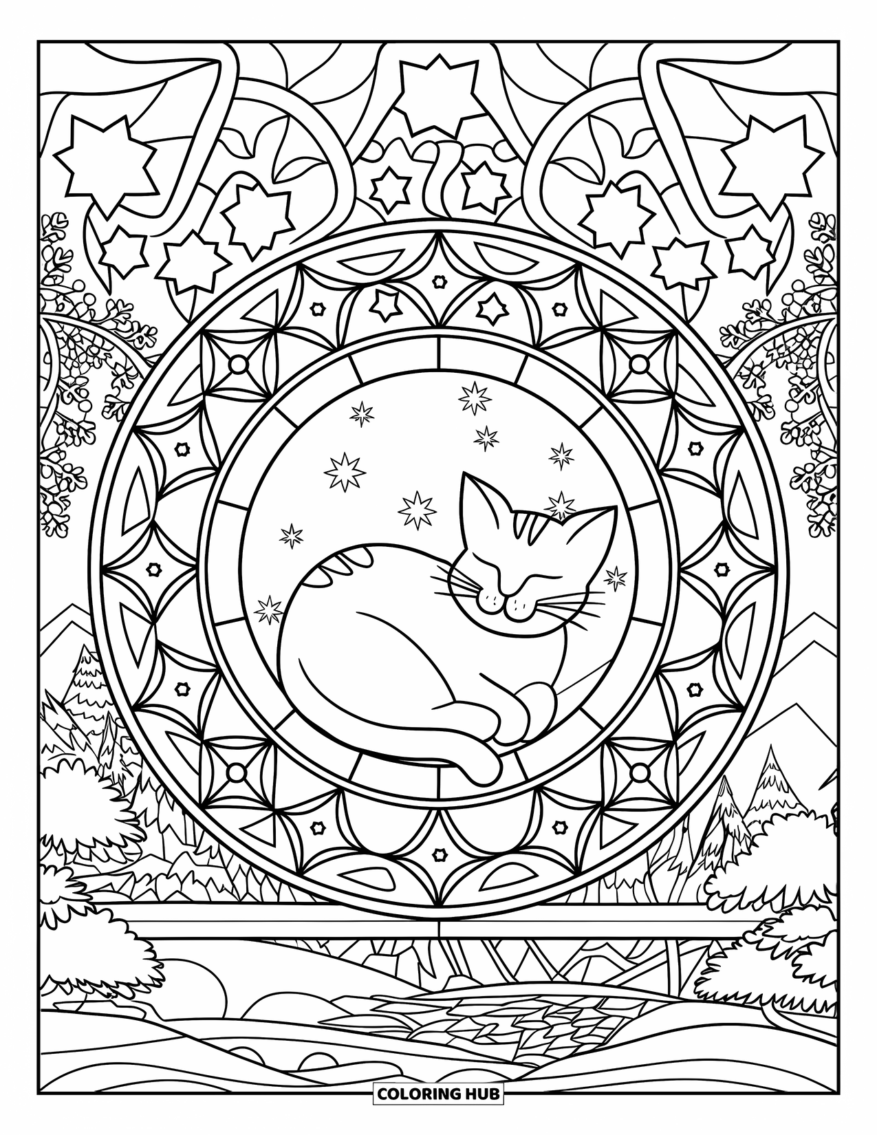 Christmas Cat Coloring Page for Adults: A calm cat is tucked into a window design with stars and snowy trees