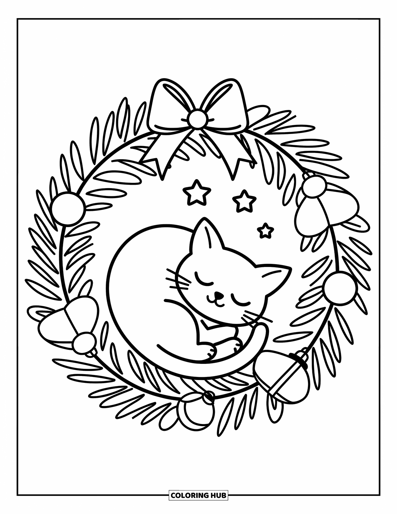 Christmas Cat Coloring Page for Adults: A calm cat naps inside a holiday wreath with ribbons and a soft star