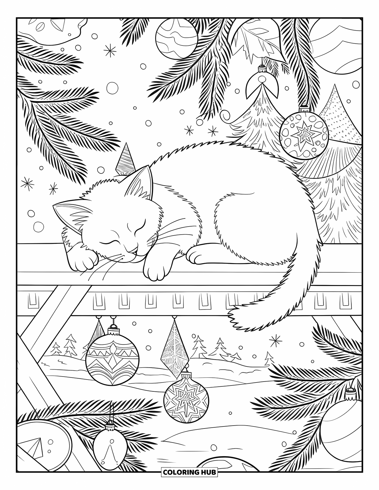Christmas Cat Coloring Page for Adults: A calm cat on wood sleeps surrounded by pine and festive decorations