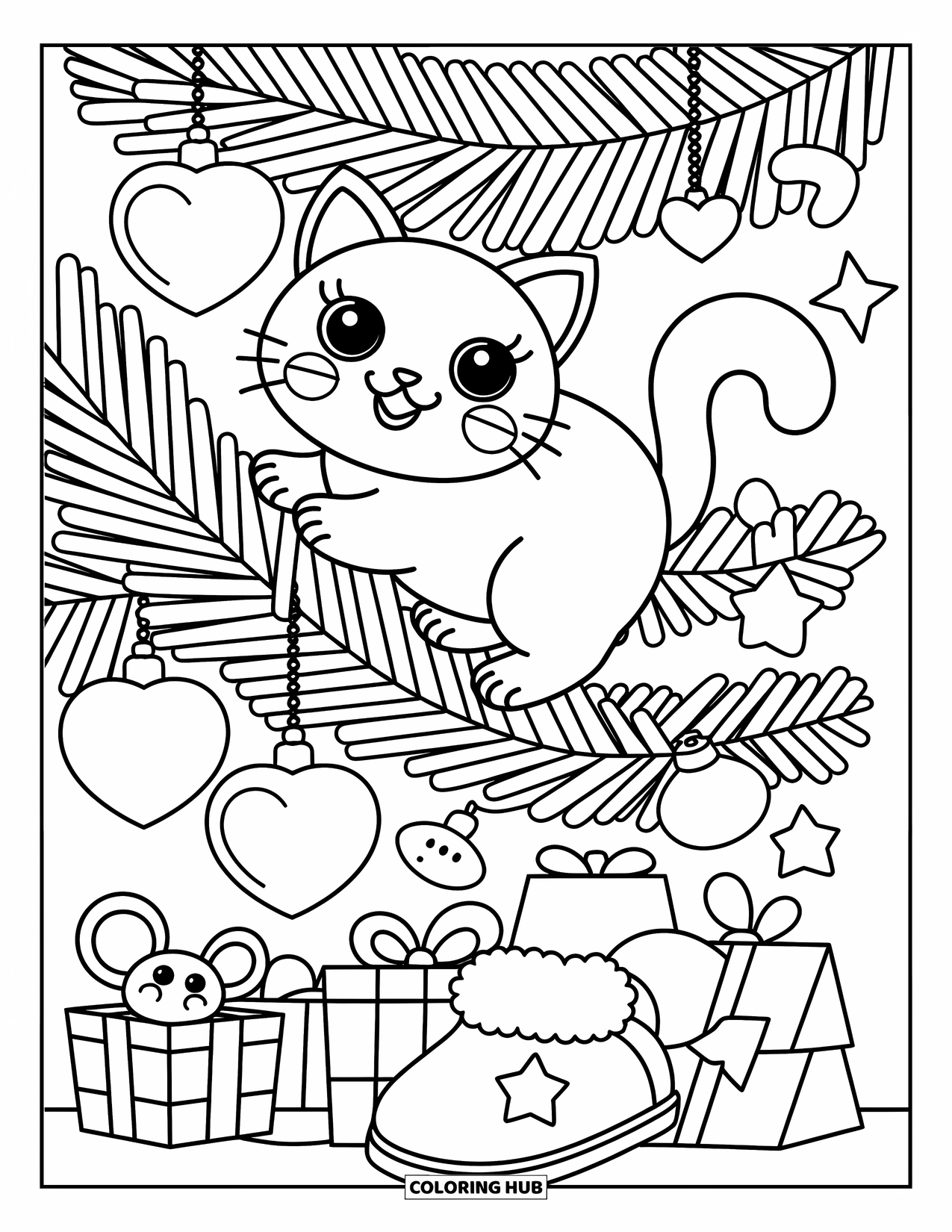 Christmas Cat Coloring Page for Adults: A cat holds a branch while ornaments and presents fill the base of the tree