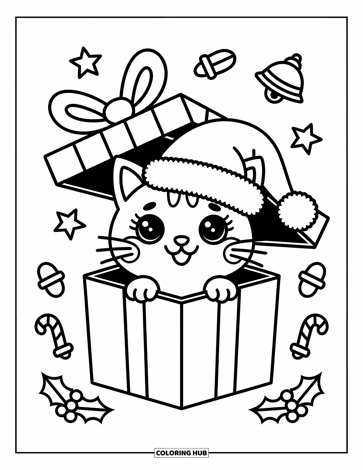 Christmas Cat Coloring Page for Adults: A cat in a gift box smiles sweetly with holiday treats scattered all around