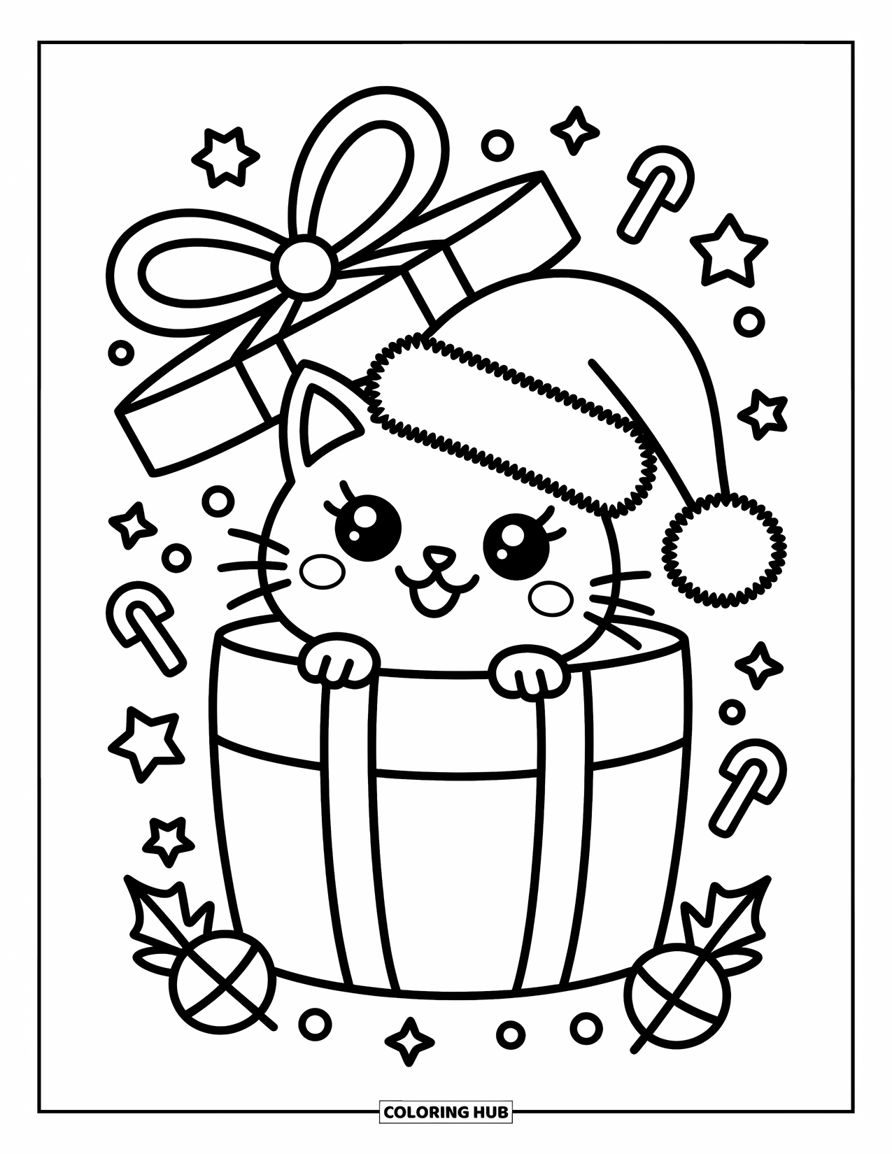 Christmas Cat Coloring Page for Adults: A cat peeks from a gift box wearing a fluffy Santa hat and big smile
