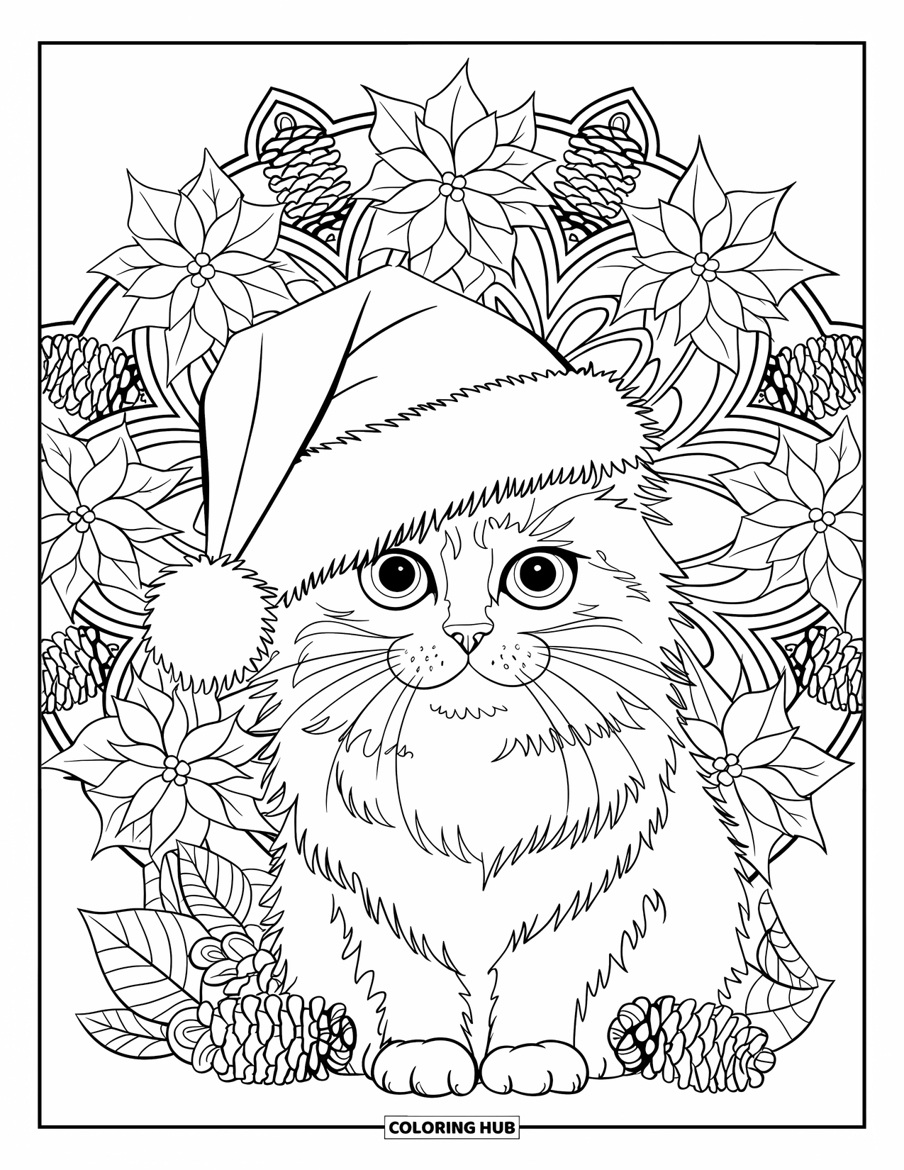 Christmas Cat Coloring Page for Adults: A cat wearing a Santa hat rests in a poinsettia-filled mandala circle