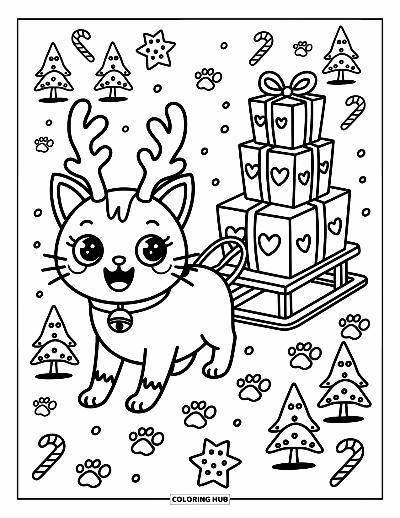 Christmas Cat Coloring Page for Adults: A cat with antlers and a bell pulls a sled past paw prints and cookies
