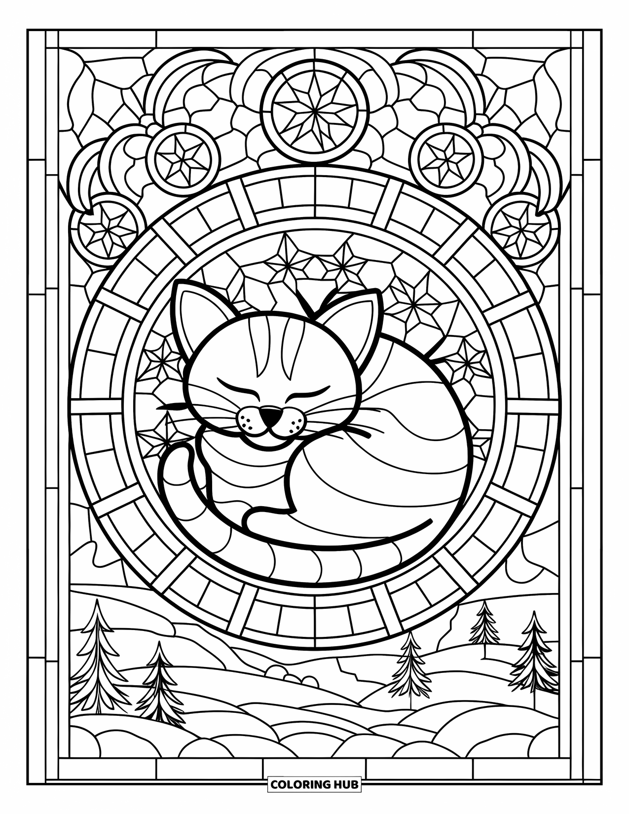 Christmas Cat Coloring Page for Adults: A curled-up cat sleeps at the heart of a star-filled stained-glass window