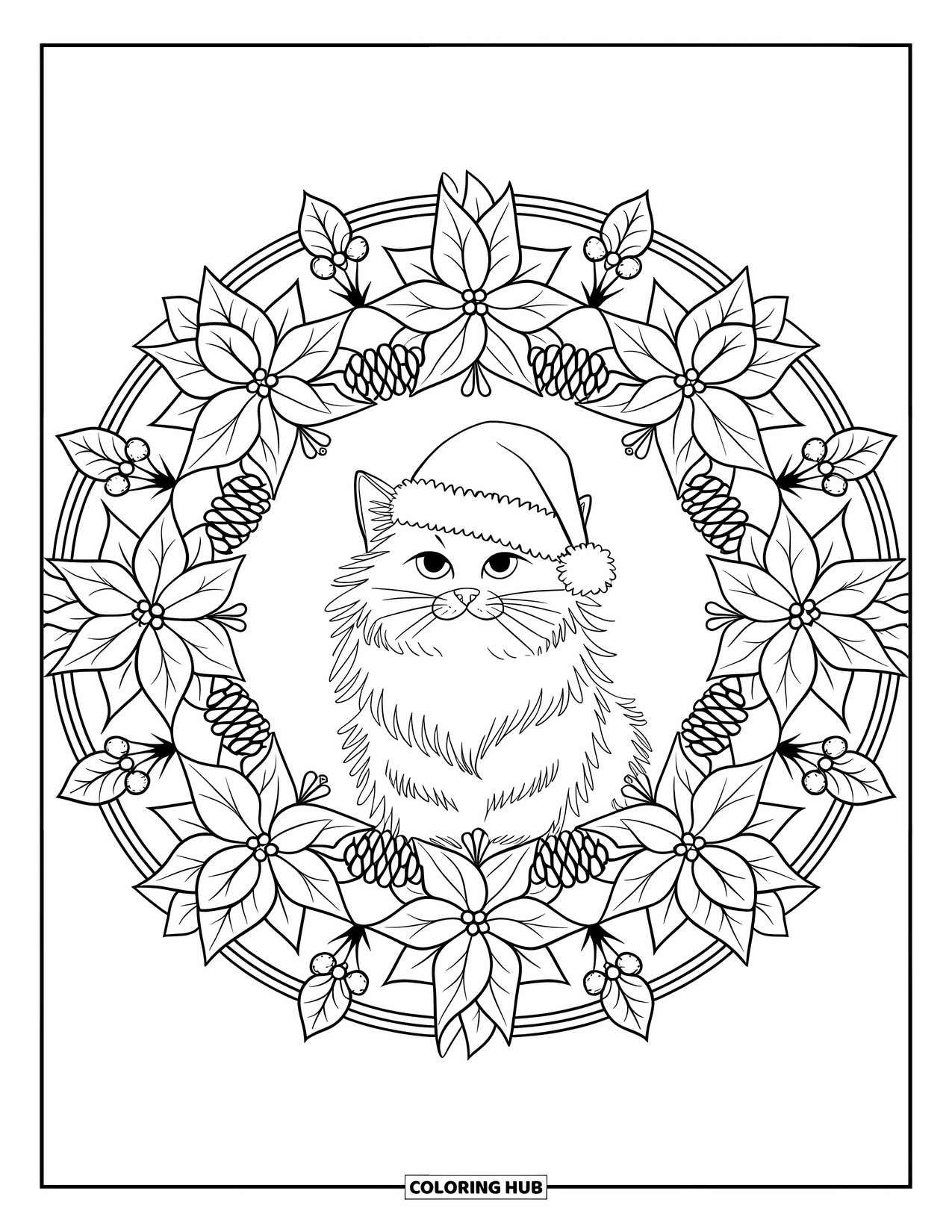 Christmas Cat Coloring Page for Adults: A fluffy cat in a Santa hat sits inside a poinsettia and pinecone mandala