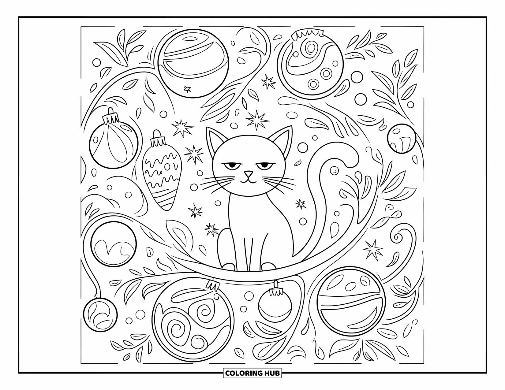 Christmas Cat Coloring Page for Adults: A peaceful cat sits on a branch surrounded by ornaments and swirling vines