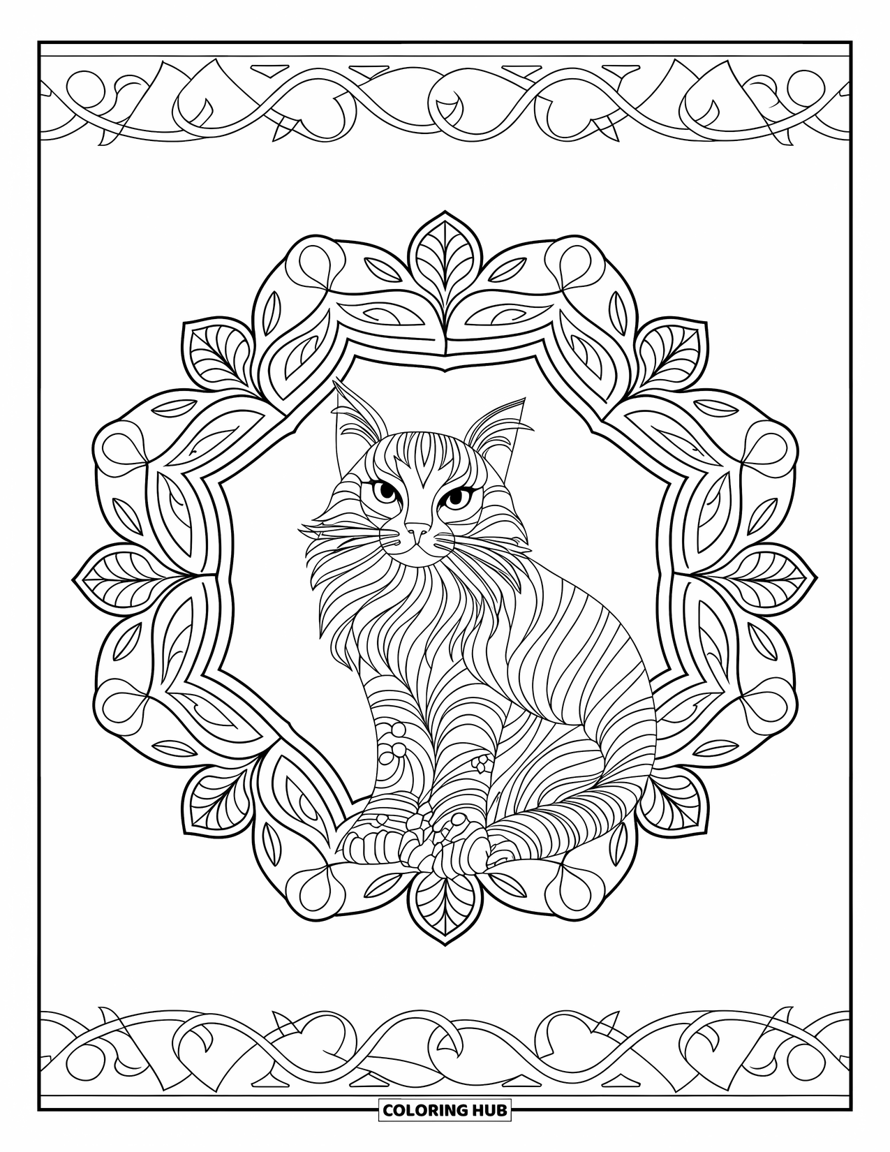 Christmas Cat Coloring Page for Adults: A peaceful cat sits within a floral mandala wrapped in hearts and vines