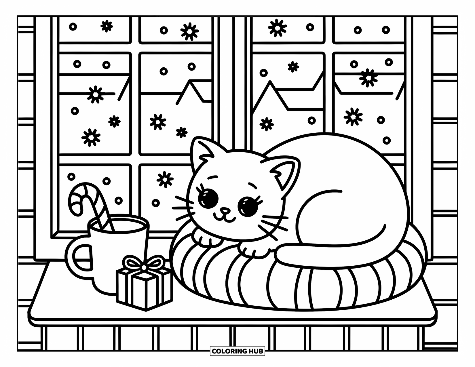 Christmas Cat Coloring Page for Adults: A round-eyed cat rests on a soft cushion watching snowflakes fall outside