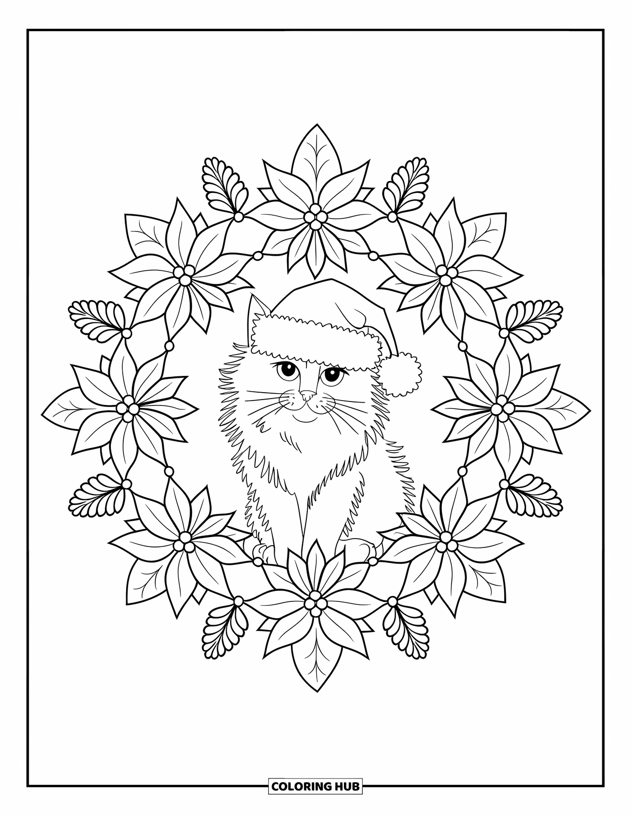 Christmas Cat Coloring Page for Adults: A Santa-hat cat is centered in a floral mandala of pinecones and poinsettias