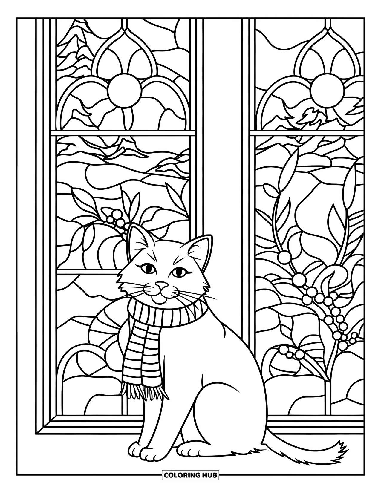 Christmas Cat Coloring Page for Adults: A scarfed cat sits near a window with floral stained-glass winter patterns