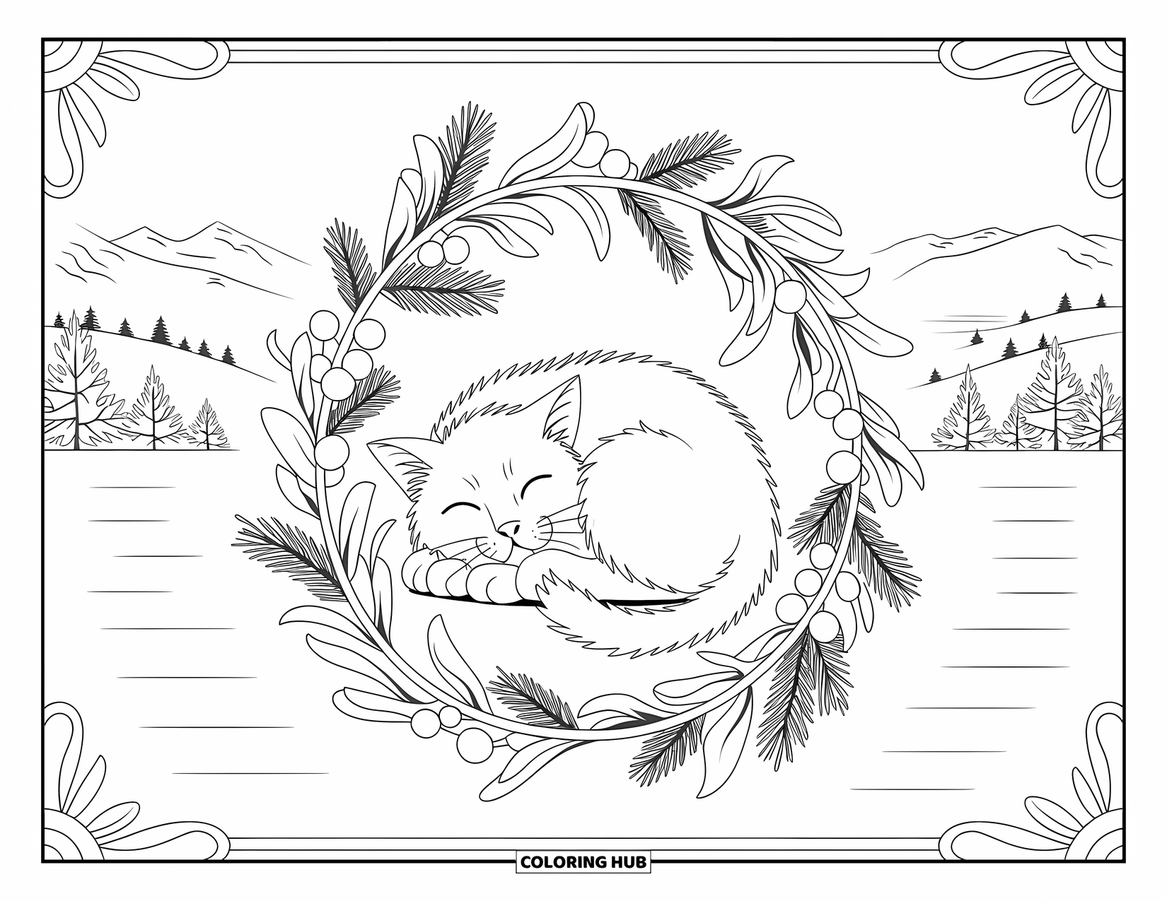 Christmas Cat Coloring Page for Adults: A sleeping cat curls inside a frame of mistletoe, berries, and pine needles