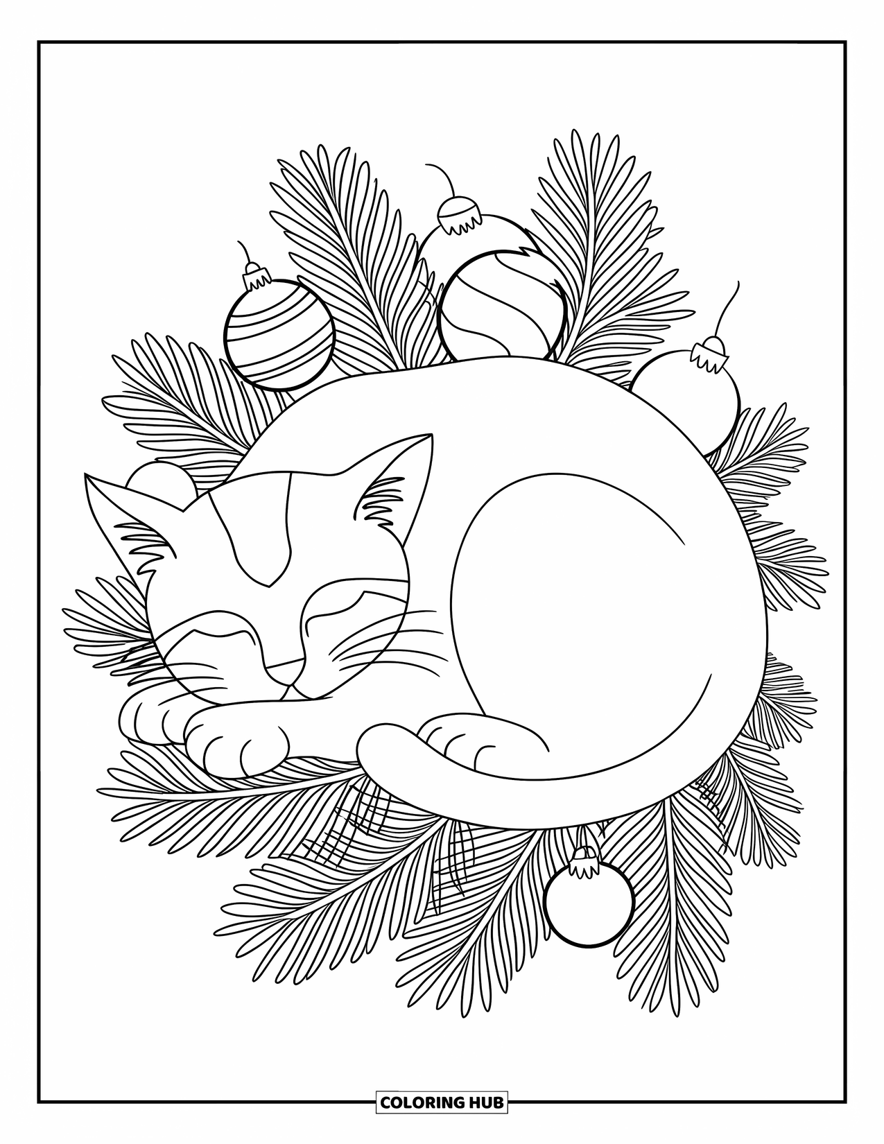 Christmas Cat Coloring Page for Adults: A sleeping cat is tucked among pine branches and holiday ornaments