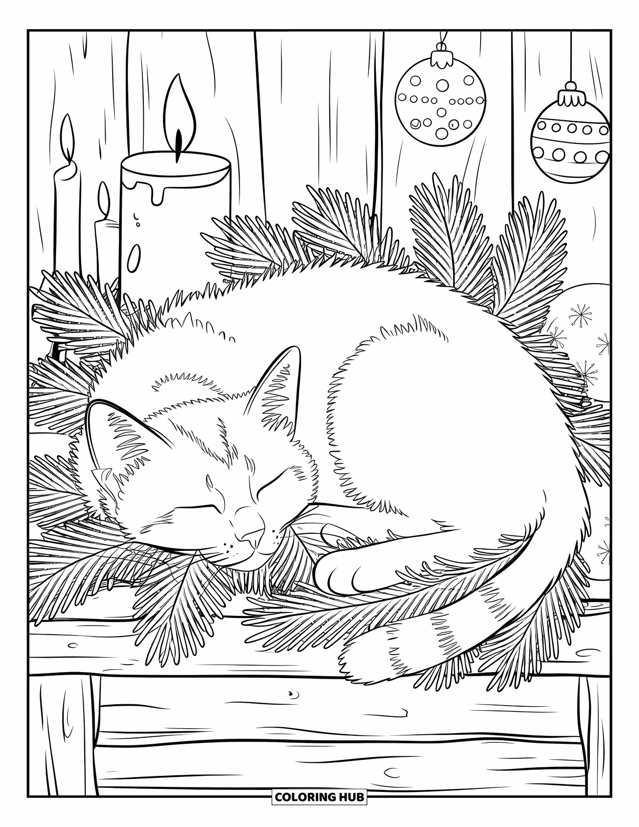 Christmas Cat Coloring Page for Adults: A snoozing cat rests on a wooden base with ornaments and pine all around