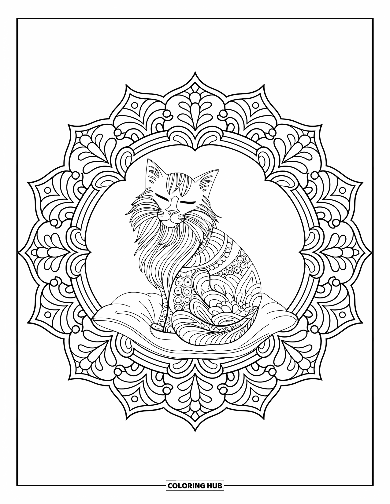 Christmas Cat Coloring Page for Adults: A soft cat on a cushion is surrounded by a leaf-filled circular mandala