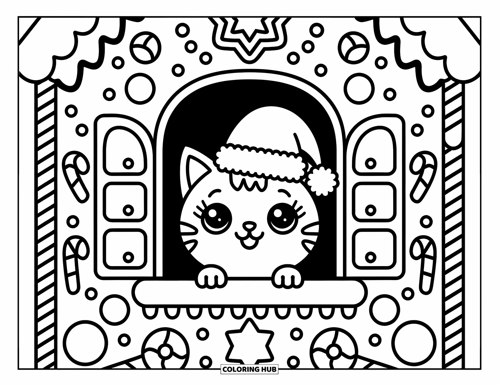 Christmas Cat Coloring Page for Adults: A tiny cat in a Santa hat peeks from a candy-filled gingerbread window