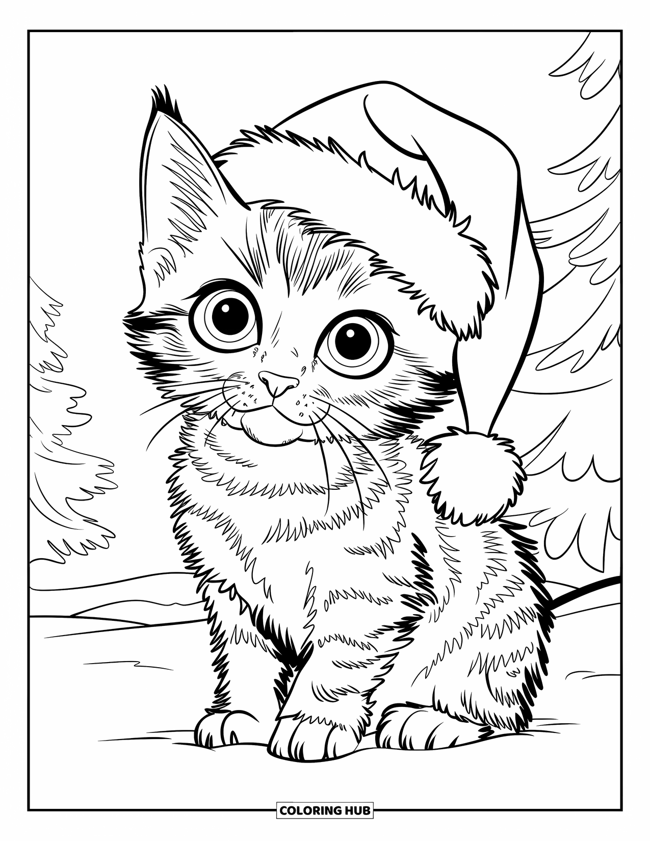 Christmas Cat Coloring Page for Kids: A big-eyed kitten in a Santa hat rests on snowy ground with trees nearby