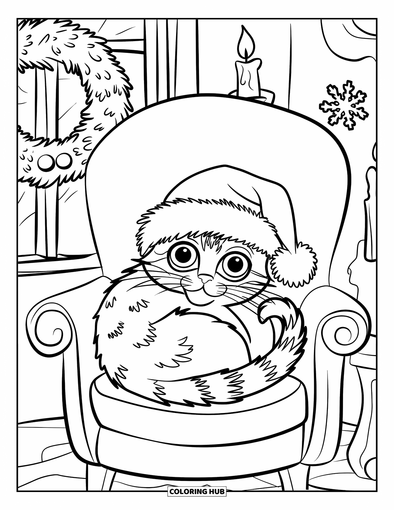 Christmas Cat Coloring Page for Kids: A cat curls near a candle-lit window with festive wreaths and snowflakes