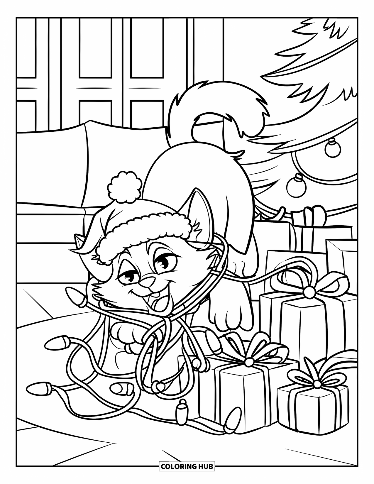 Christmas Cat Coloring Page for Kids: A cat in a Santa hat plays with lights next to festive presents and tree