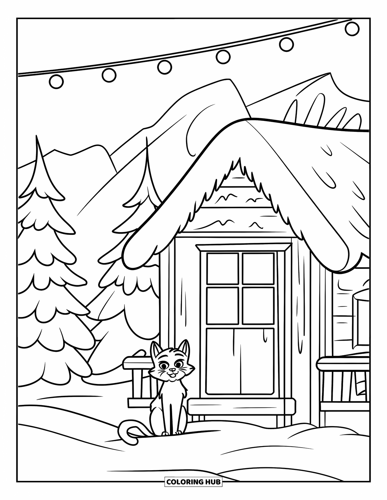 Christmas Cat Coloring Page for Kids: A cat sits near a cabin with lights under a snowy mountain sky