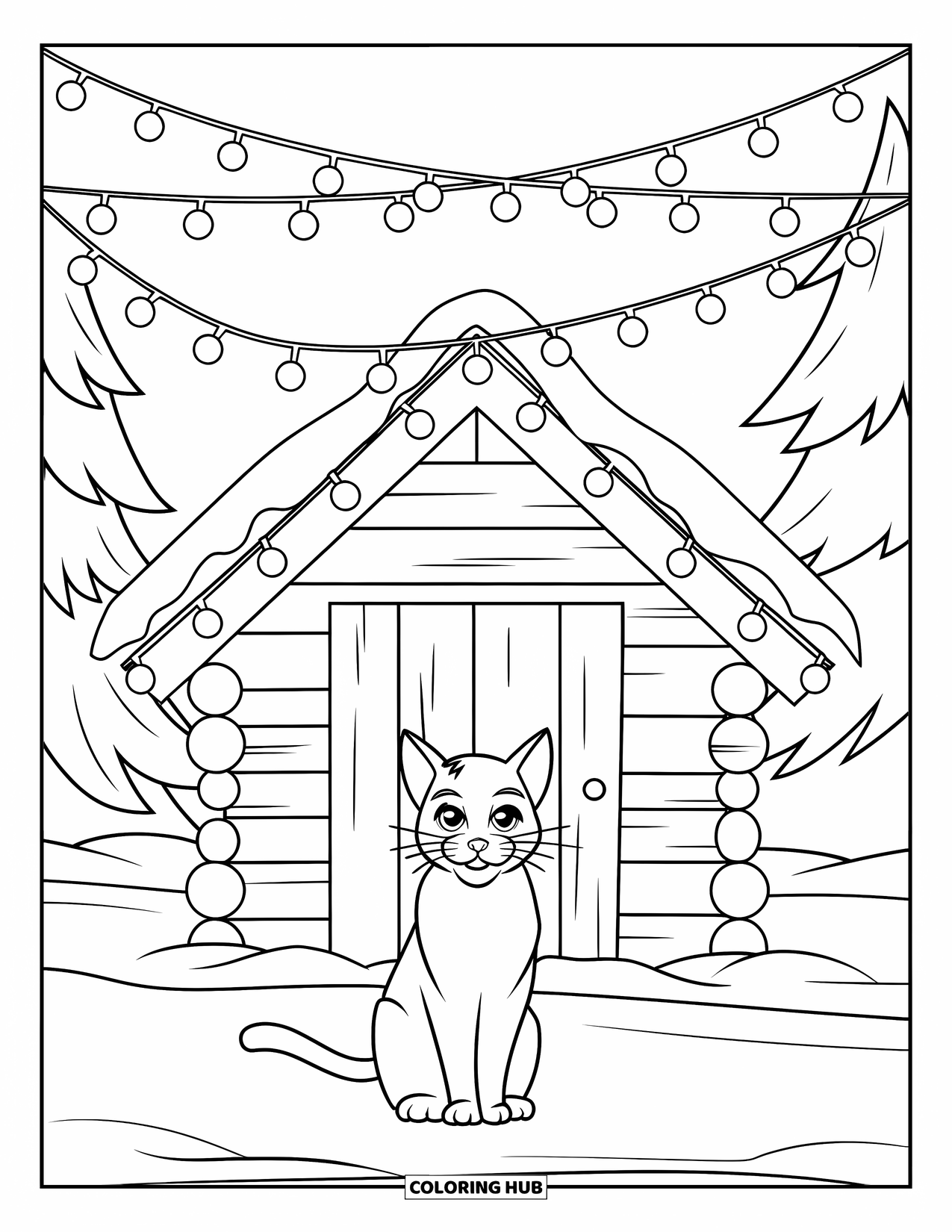 Christmas Cat Coloring Page for Kids: A cat watches snowfall outside a cozy cabin with lights wrapped around the roof