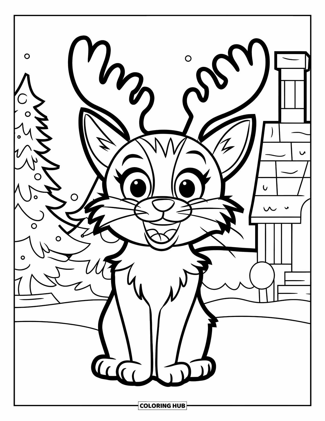 Christmas Cat Coloring Page for Kids: A cat wearing antlers grins in snow beside trees and a cozy home