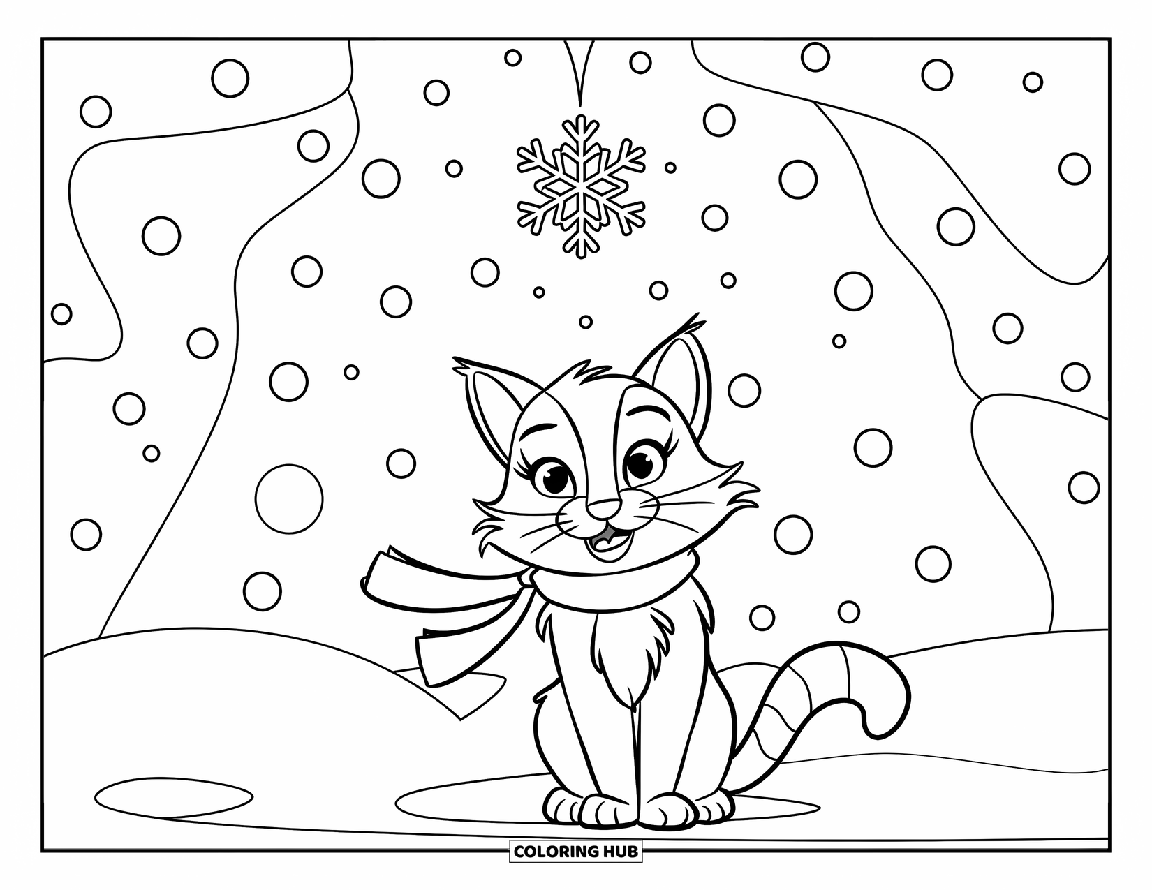 Christmas Cat Coloring Page for Kids: A cheerful cat in a scarf watches the snow fall in a simple scene
