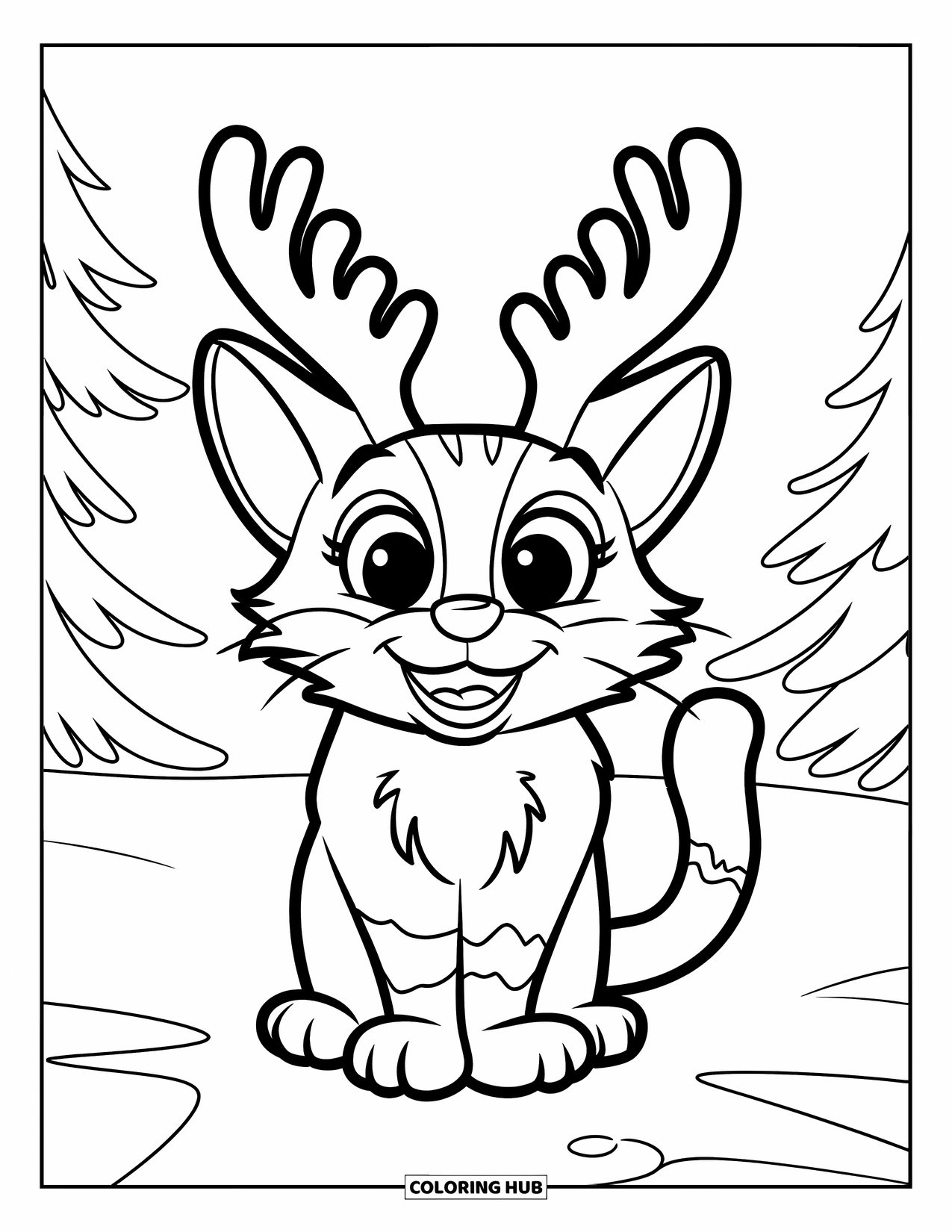 Christmas Cat Coloring Page for Kids: A cheerful cat in antlers smiles in snow with pine trees behind