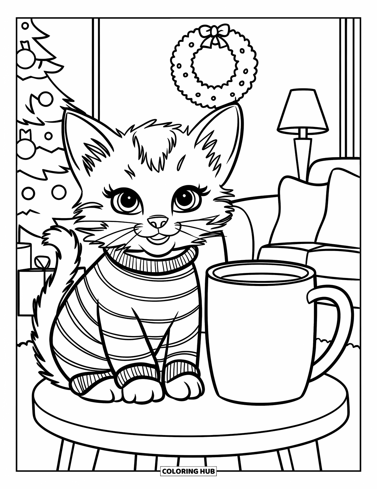 Christmas Cat Coloring Page for Kids: A cozy room surrounds a kitten in pajamas beside cocoa and a tree