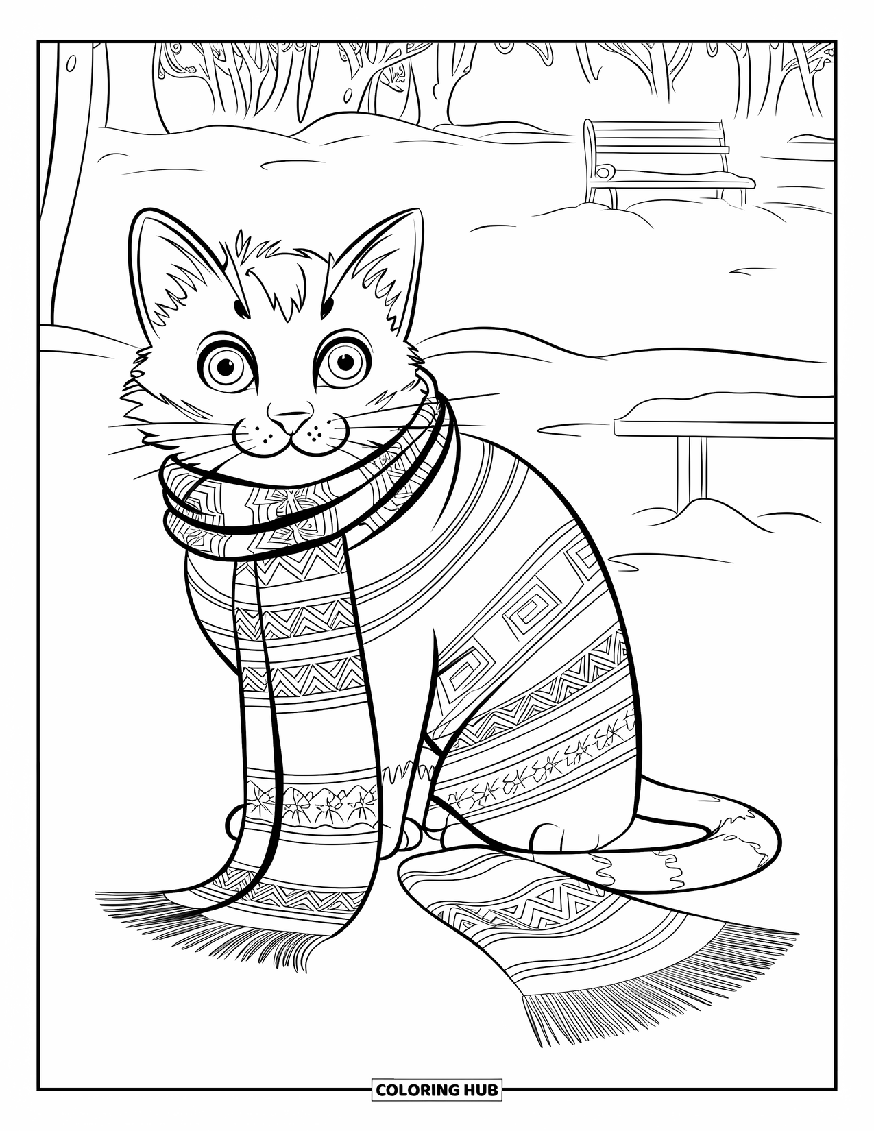 Christmas Cat Coloring Page for Kids: A curious cat wrapped in a scarf relaxes in a quiet snowy park