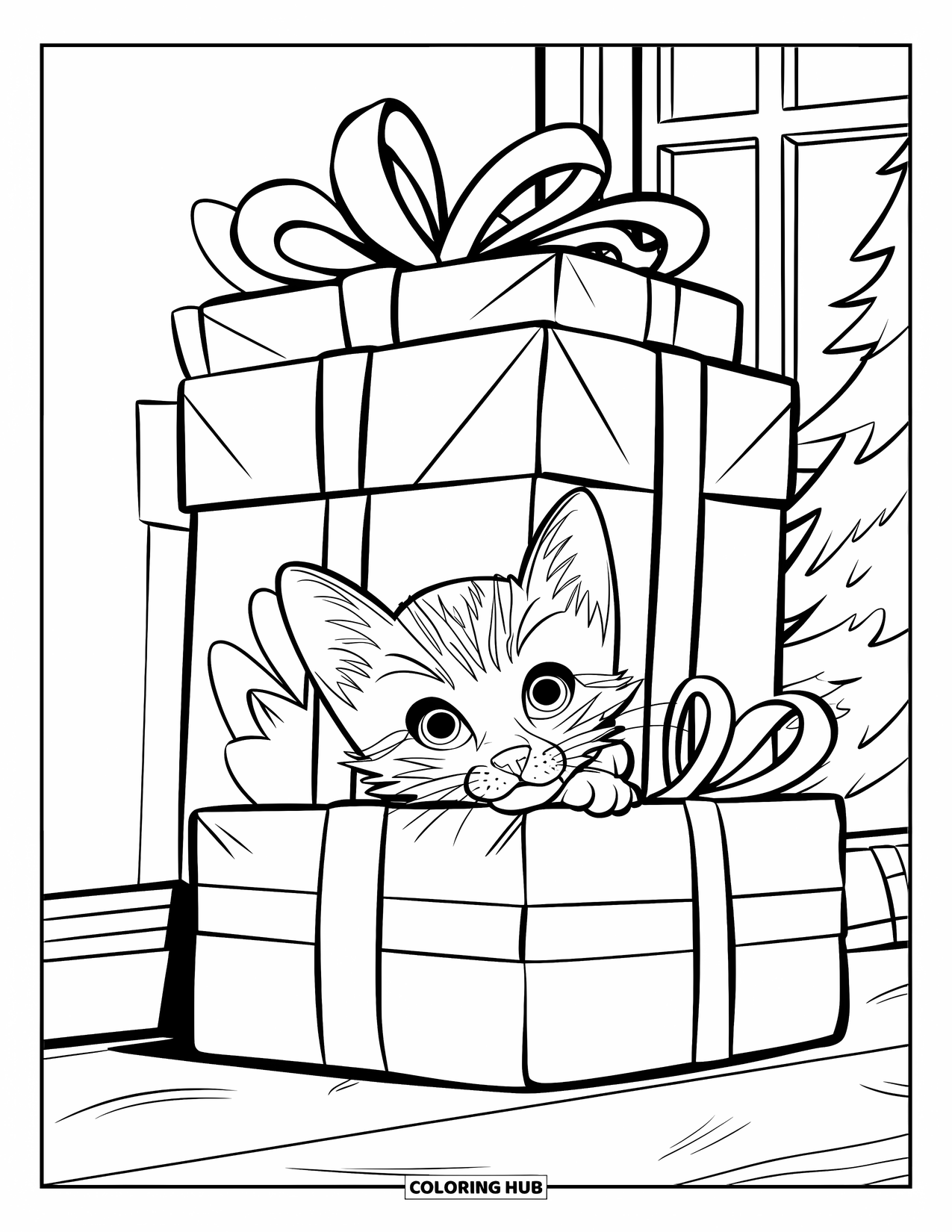 Christmas Cat Coloring Page for Kids: A curious kitten peeks out from behind a stack of wrapped gifts