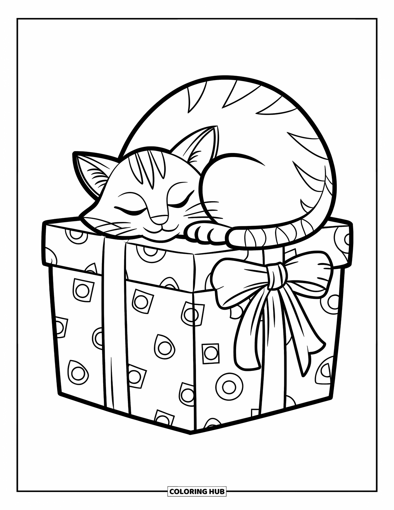Christmas Cat Coloring Page for Kids: A curled-up cat sleeps atop a present in a clean, simple holiday scene