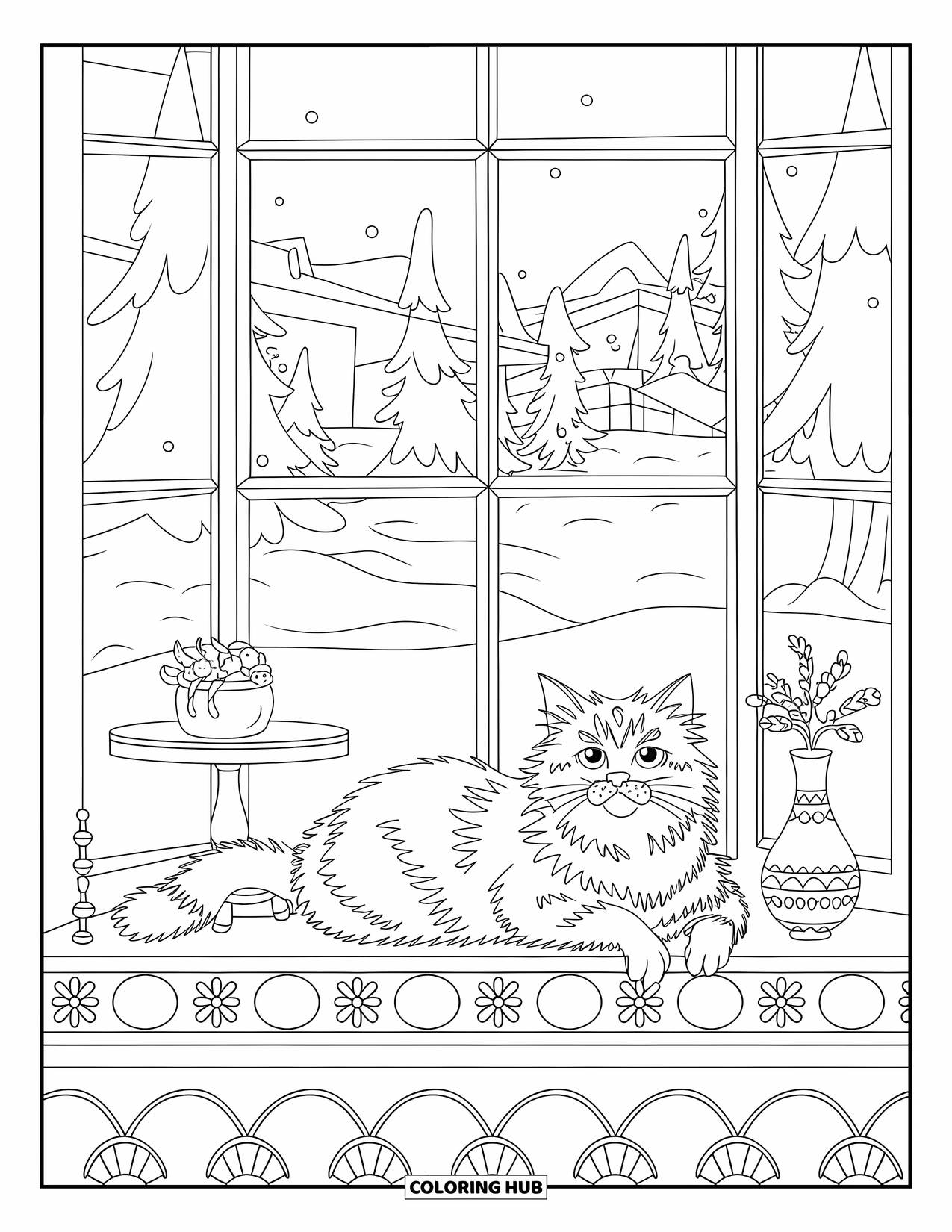 Christmas Cat Coloring Page for Kids: A fluffy cat stretches beside a vase and plant on a snowy windowsill view