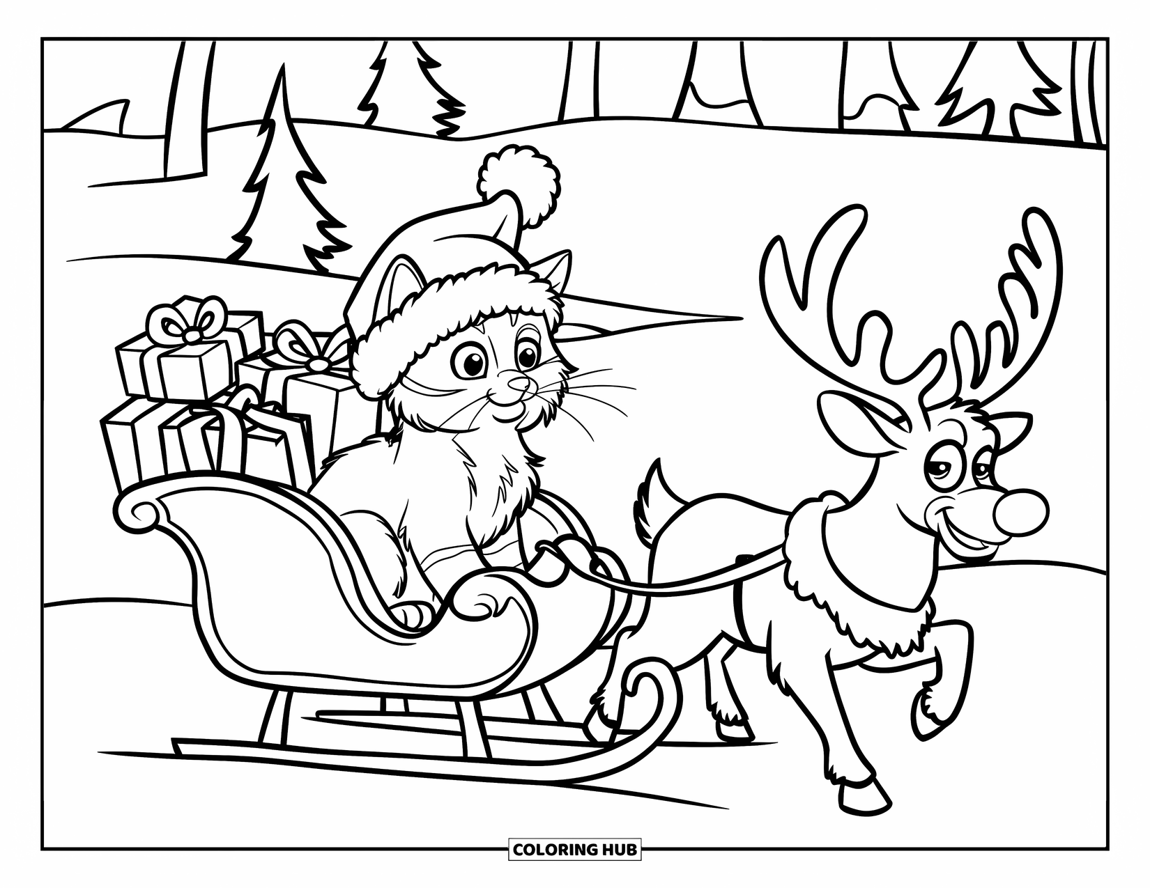 Christmas Cat Coloring Page for Kids: A kitten wearing a Santa hat rides in a sleigh pulled by a red-nosed reindeer