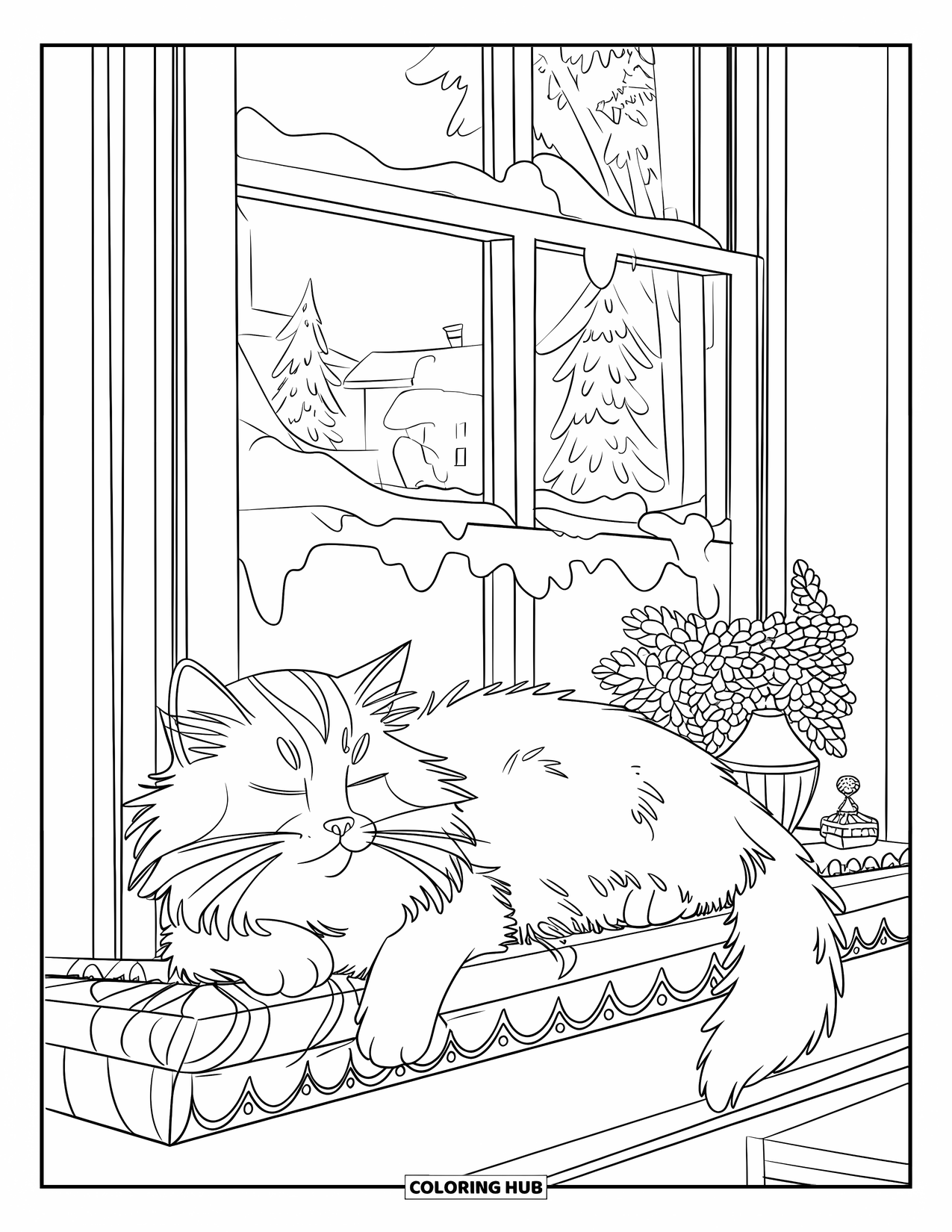 Christmas Cat Coloring Page for Kids: A relaxed cat lounges beside a plant and trinkets on a snowy windowsill