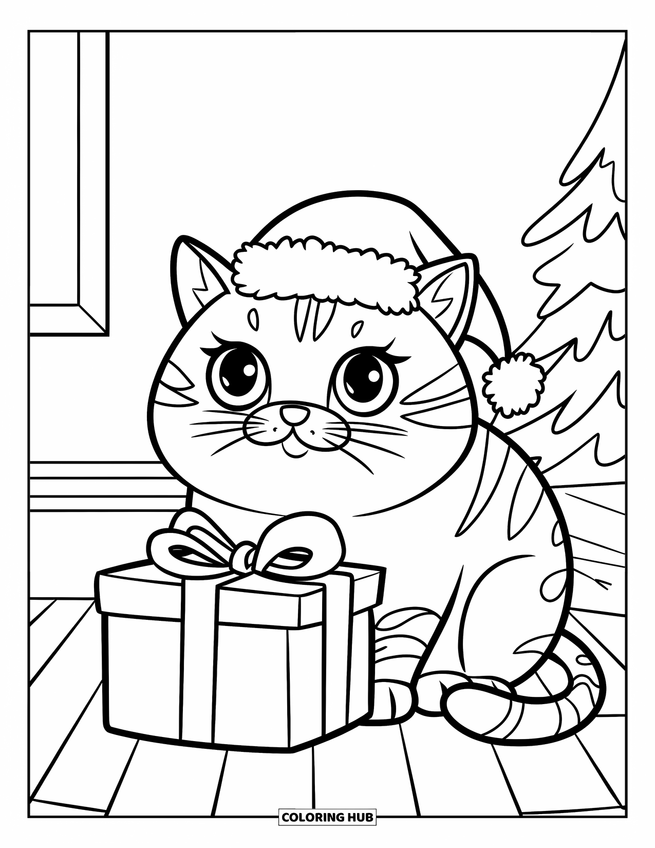 Christmas Cat Coloring Page for Kids: A Santa-hat cat rests by a gift box on a wooden floor with a tiny tree