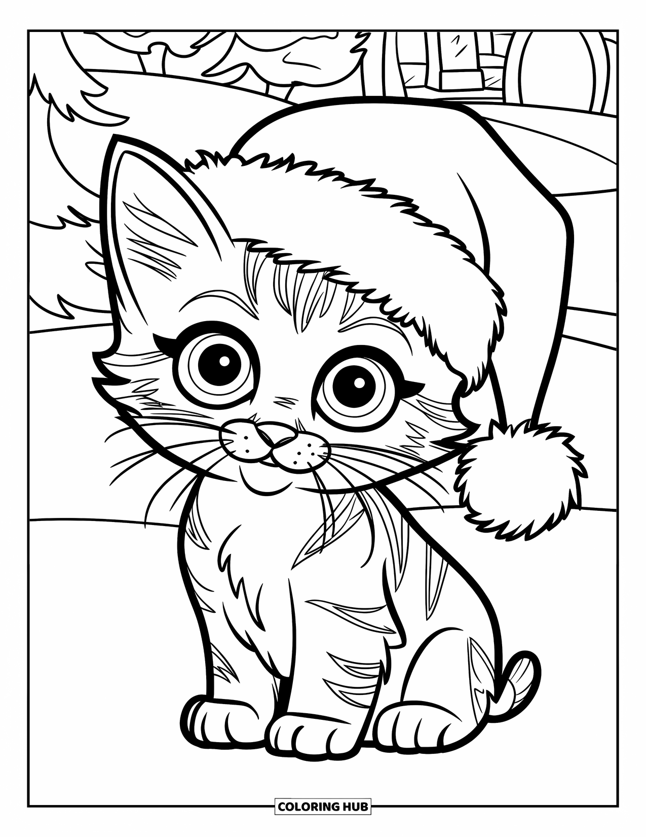 Christmas Cat Coloring Page for Kids: A Santa-hat kitten sits in snow with trees and a house in the distance