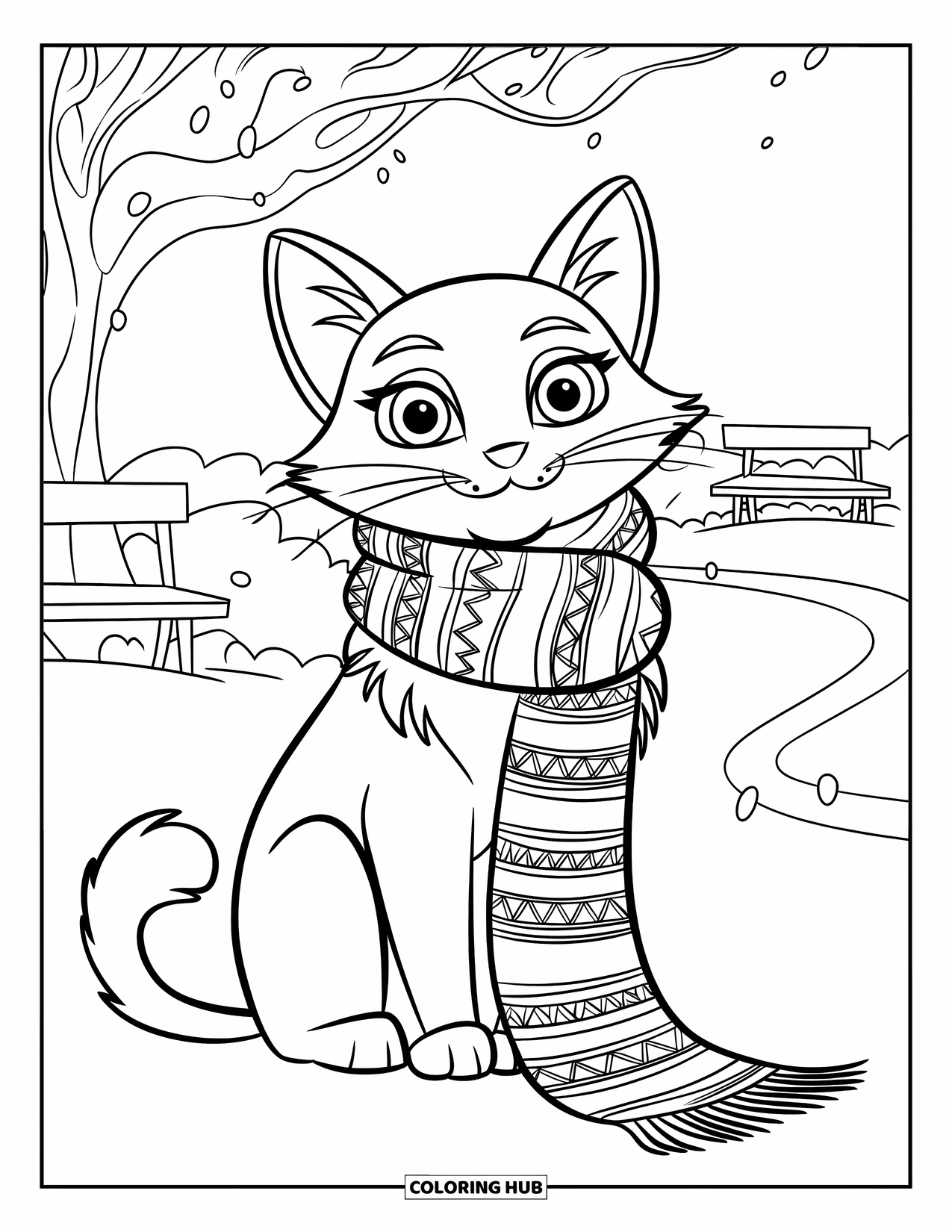 Christmas Cat Coloring Page for Kids: A scarf-wrapped cat sits in the snow beside a path and snowy trees