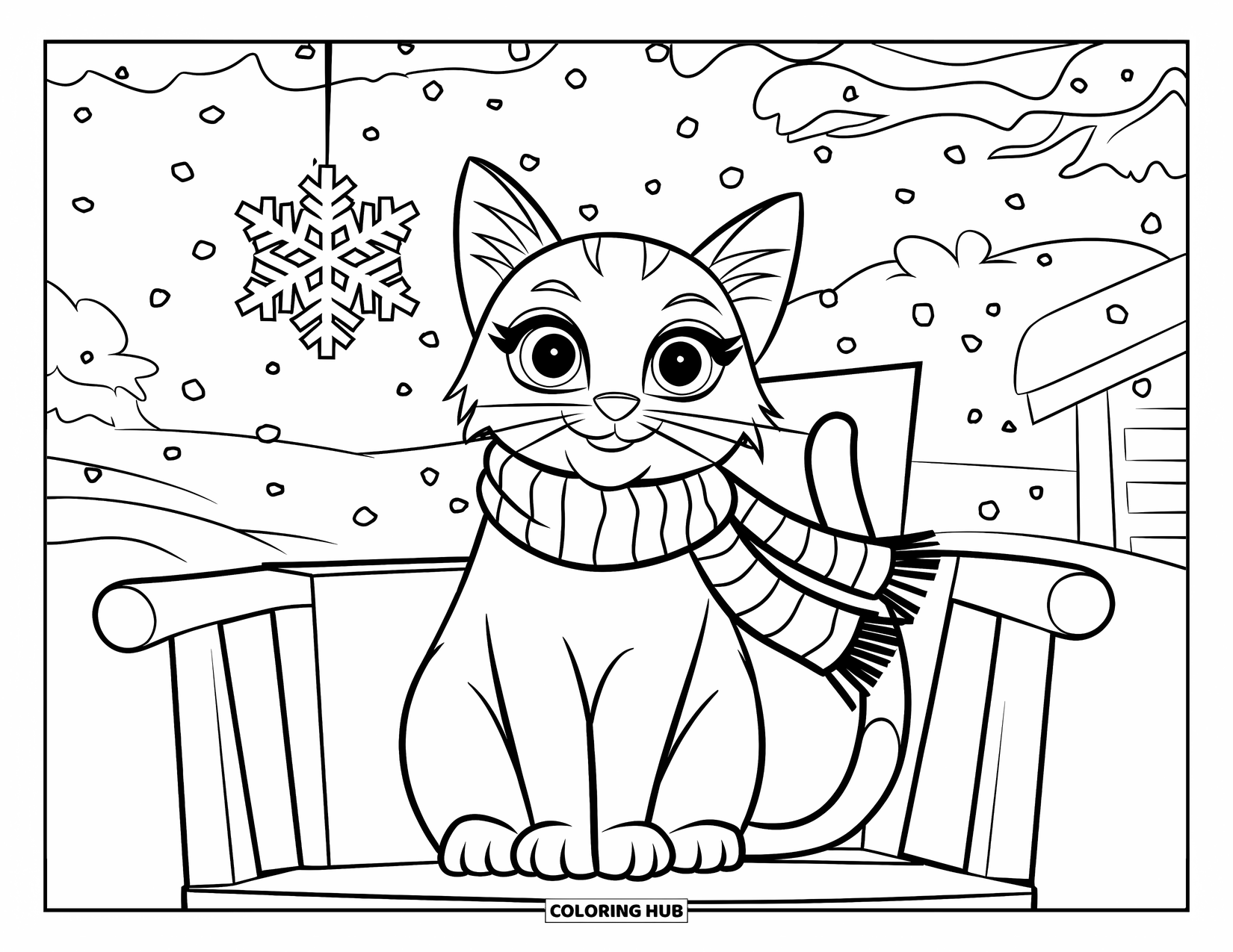 Christmas Cat Coloring Page for Kids: A scarfed cat sits under falling snowflakes with trees and a house behind