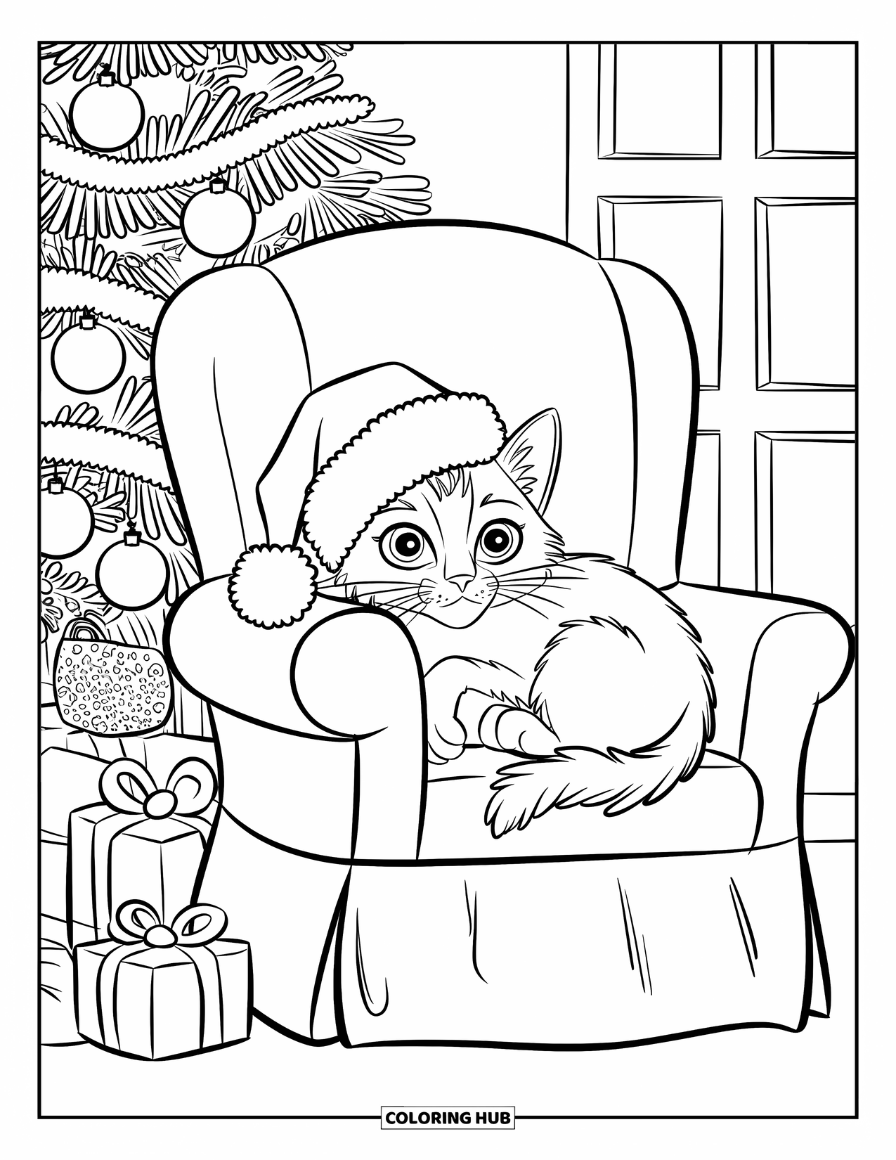 Christmas Cat Coloring Page for Kids: A sleepy cat curls on a chair near gifts and a glowing tree