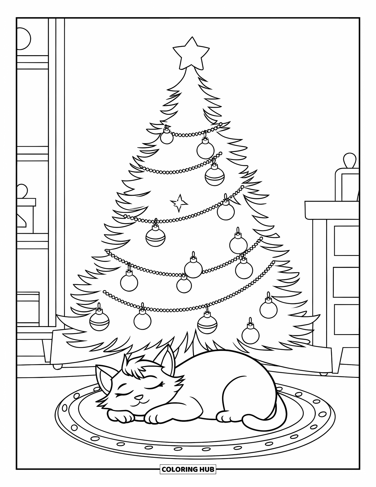 Christmas Cat Coloring Page for Kids: A sleepy cat rests on a rug under a decorated Christmas tree