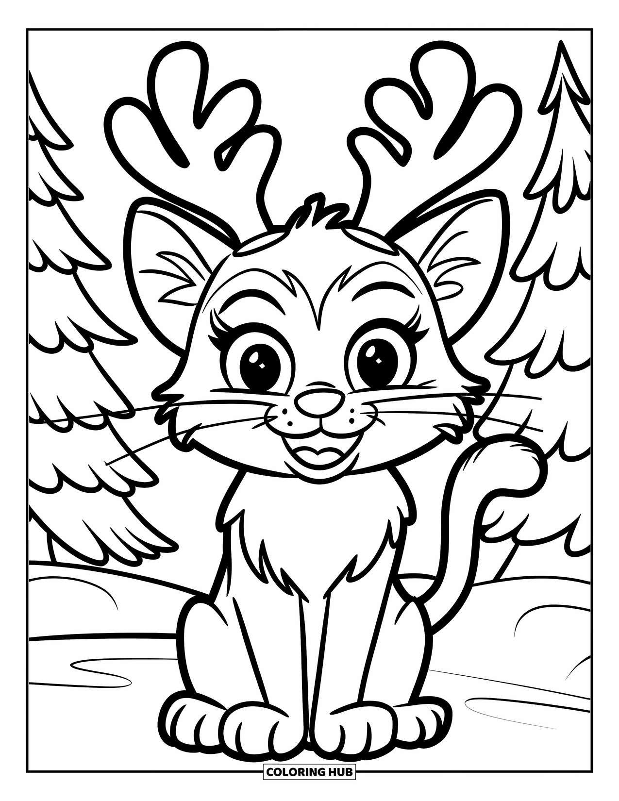 Christmas Cat Coloring Page for Kids: A smiling cat with reindeer antlers sits on snow near Christmas trees