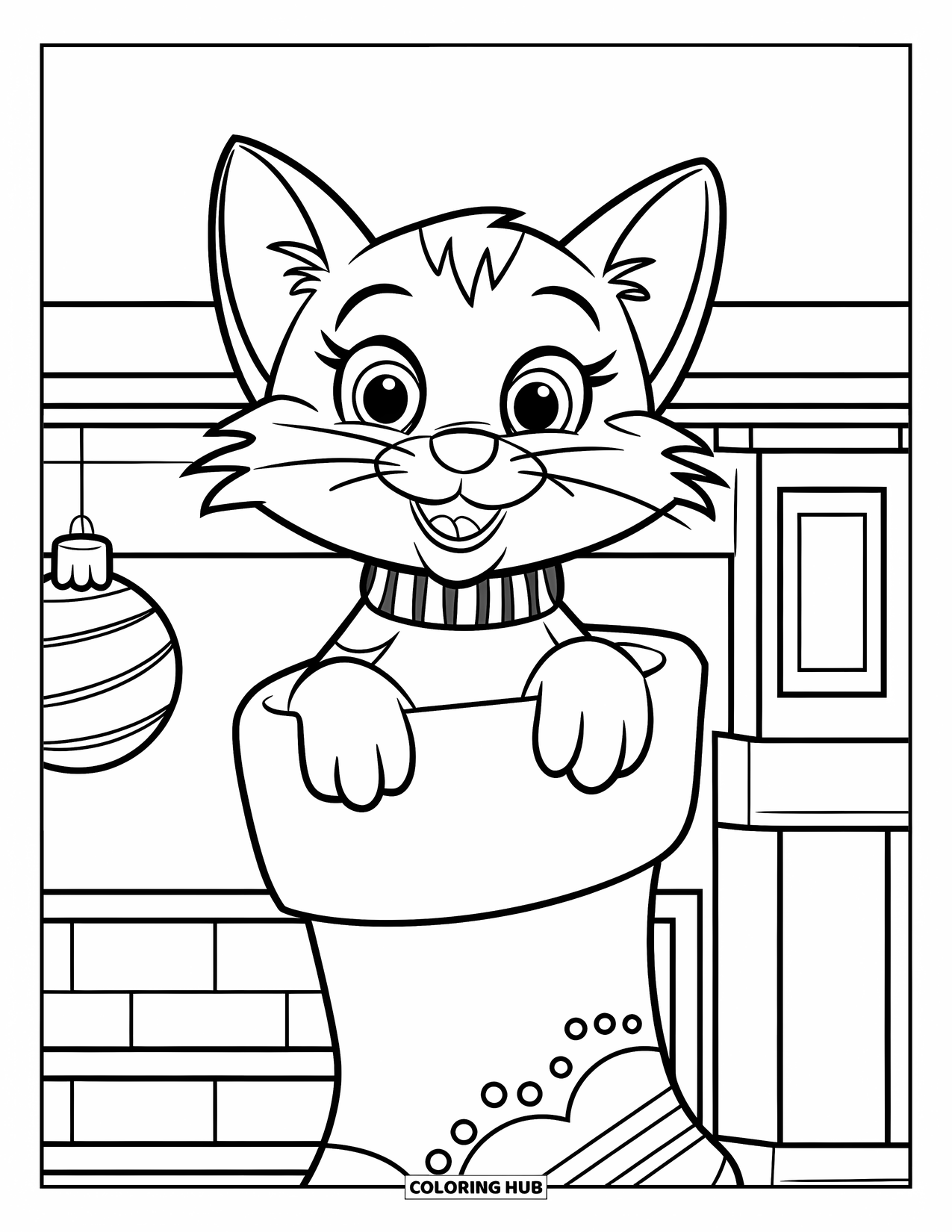 Christmas Cat Coloring Page for Kids: A striped-collar cat peeks from a stocking on a mantle with simple holiday decor
