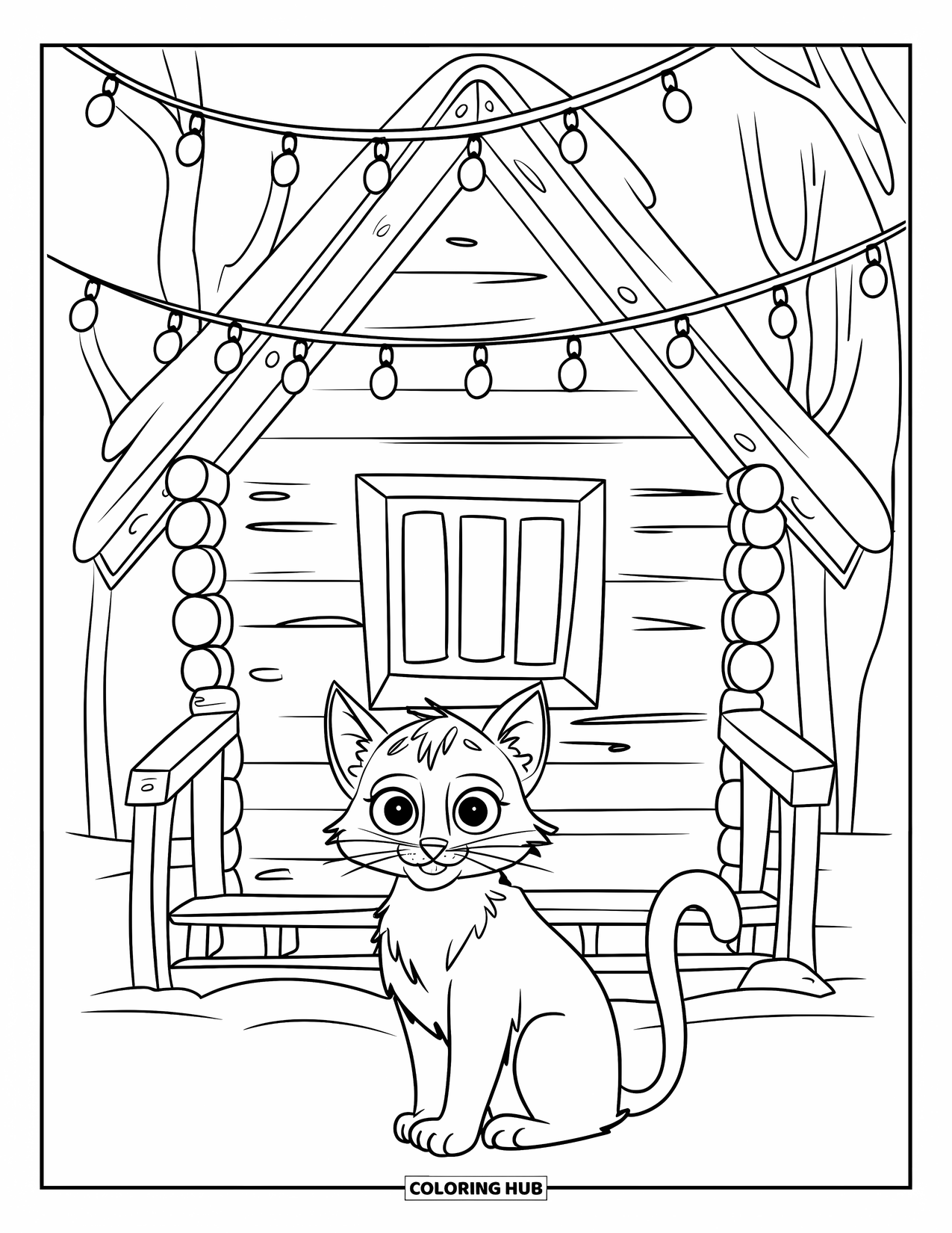Christmas Cat Coloring Page for Kids: A wide-eyed cat sits before a wooden cabin glowing with holiday lights
