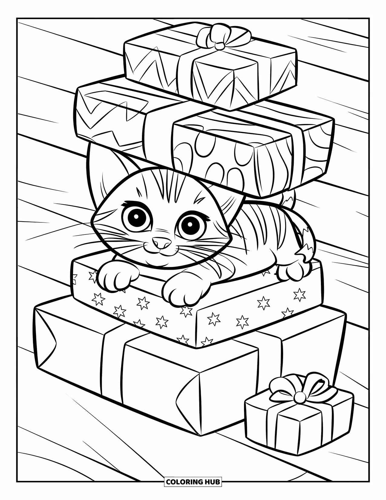 Christmas Cat Coloring Page for Kids: A wide-eyed kitten hides behind patterned presents on a wooden floor