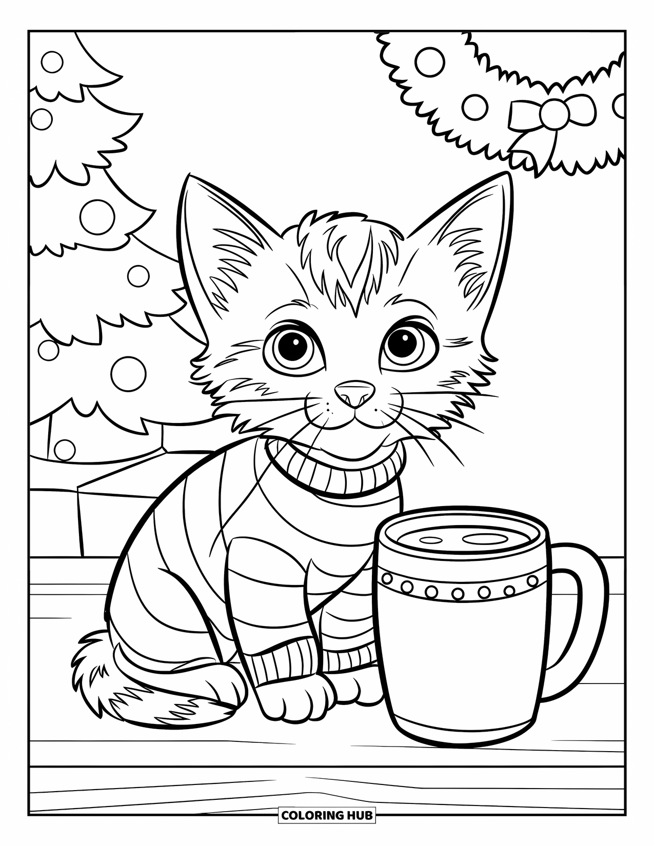 Christmas Cat Coloring Page for Kids: Striped pajamas and cocoa warm a kitten by the tree and wreath