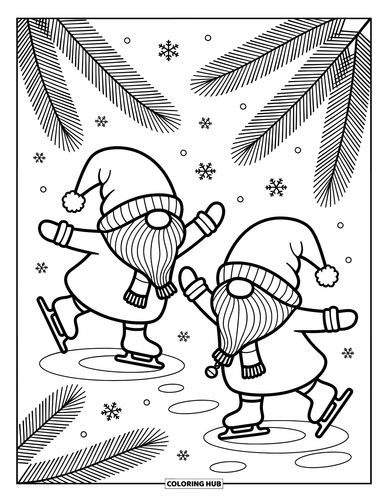 Christmas Gnome Coloring Page for Adults: Bundled gnomes twirl on a frozen pond beneath snowy pine branches
