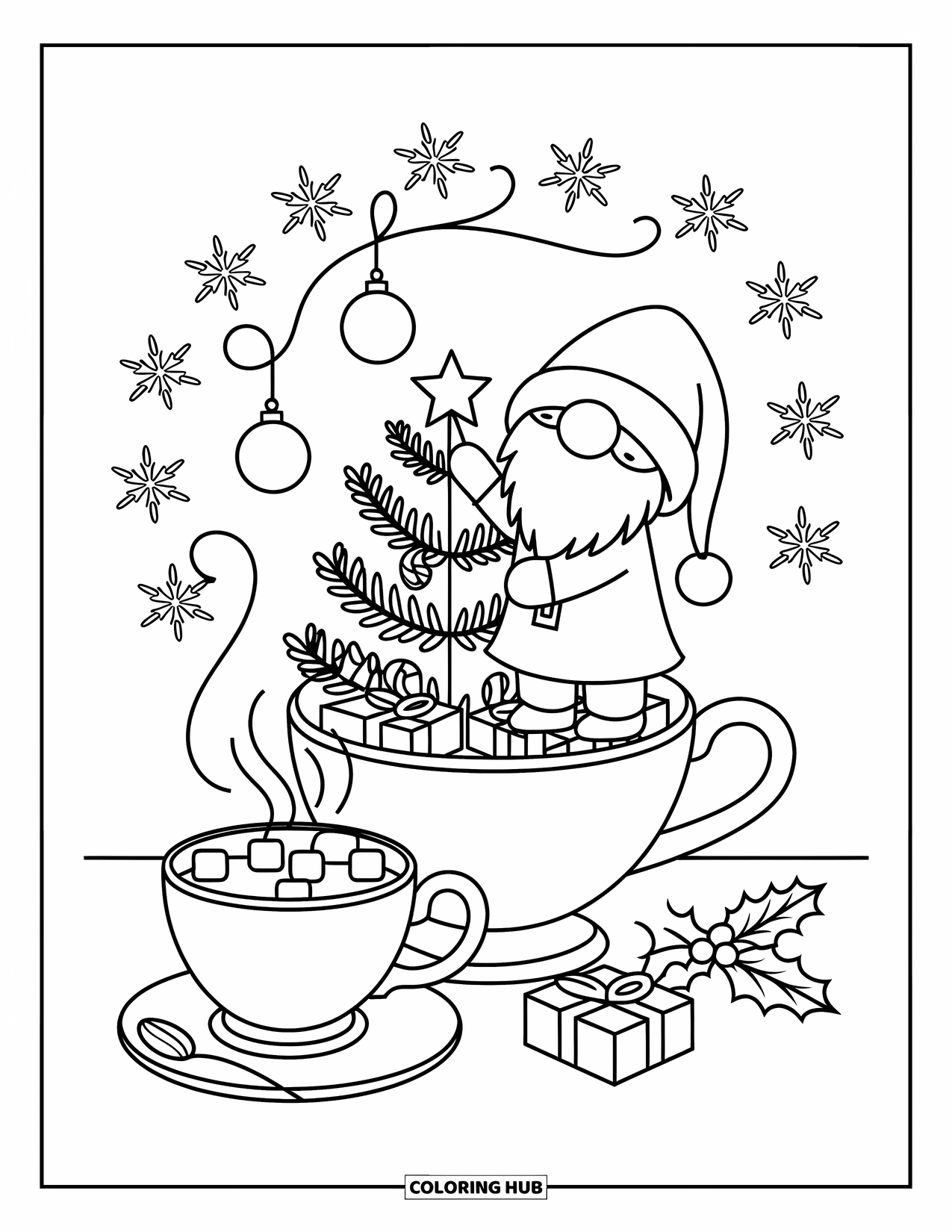 Christmas Gnome Coloring Page for Adults: Cute gnome adds a star to a teacup tree with cocoa and candy nearby