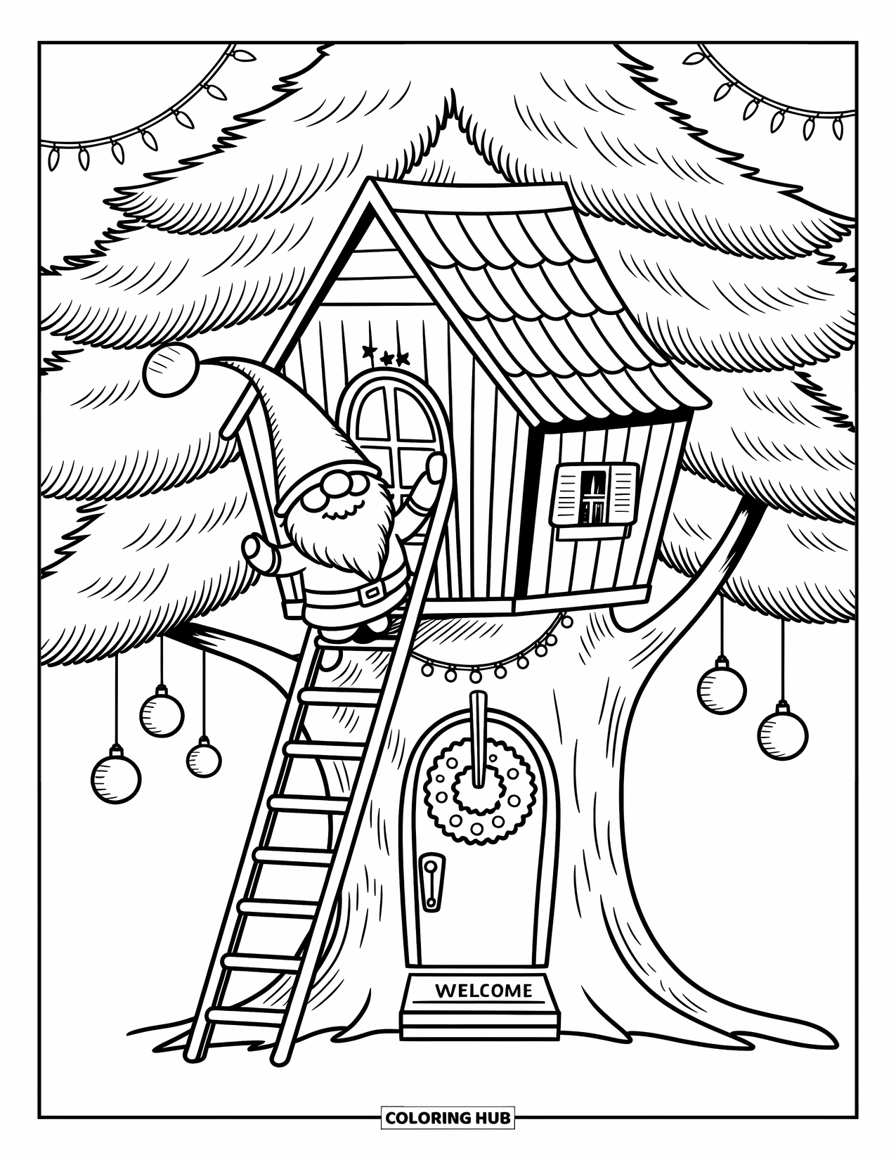 Christmas Gnome Coloring Page for Adults: Gnome adds ornaments to a magical treehouse with lights and wreaths