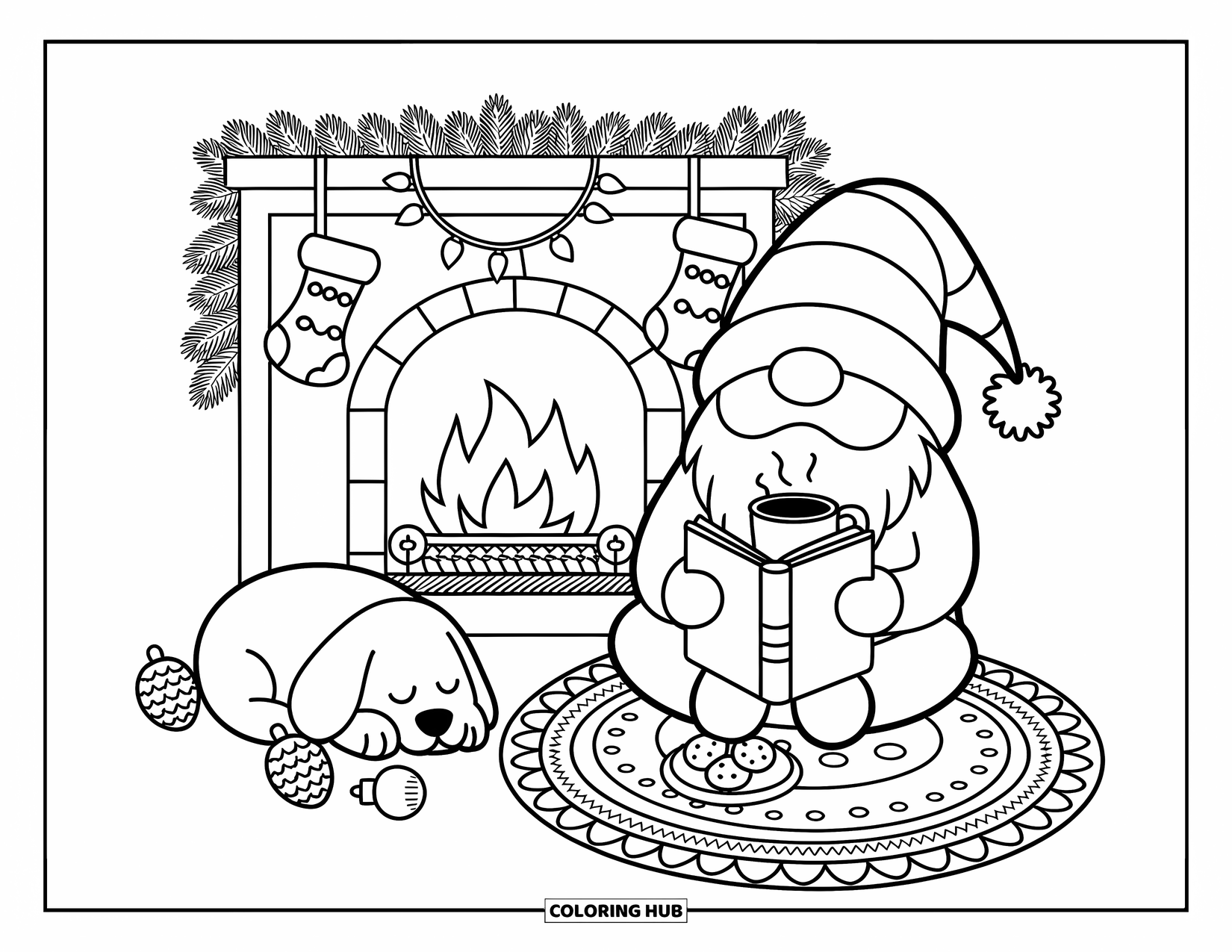 Christmas Gnome Coloring Page for Adults: Gnome enjoys cocoa and cookies by a fireplace while a pup naps beside him